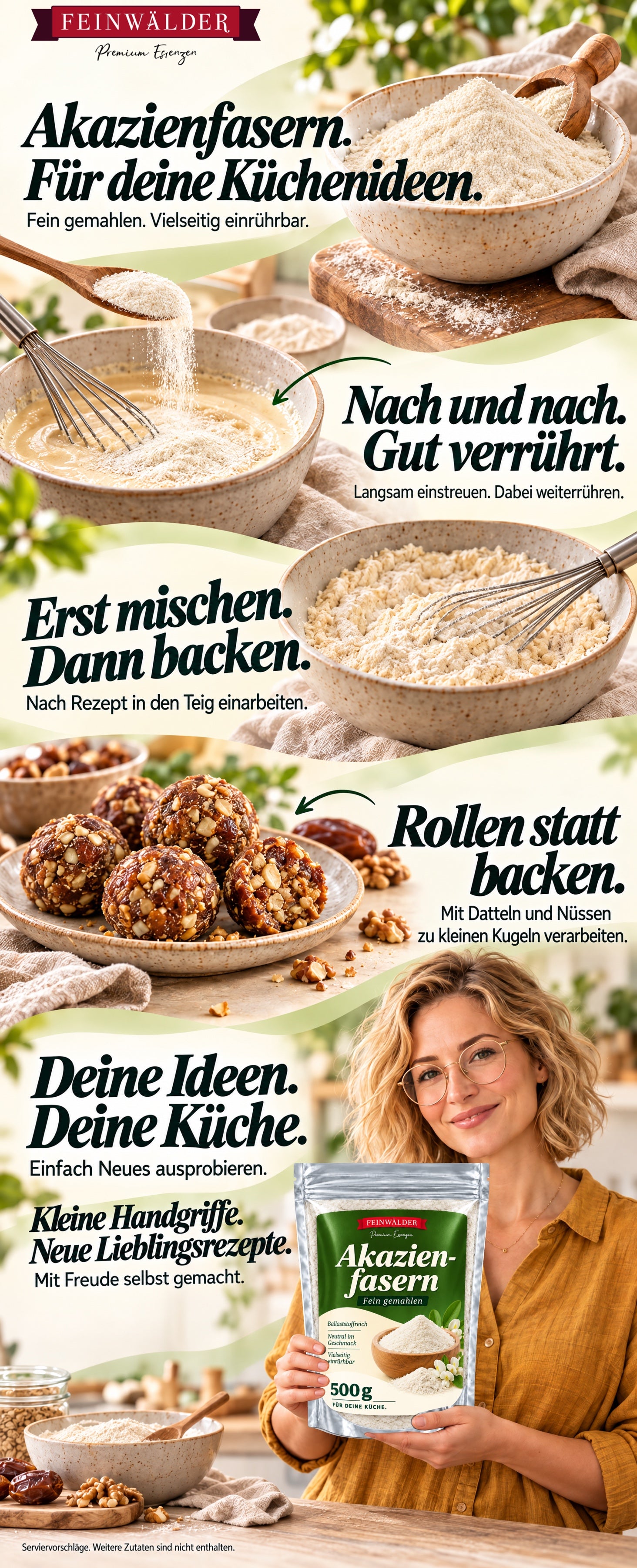 Feinwälder Akazienfasern. Für deine Küchenideen. Fein gemahlen, vielseitig einrührbar. Langsam einstreuen und dabei weiterrühren. Beim Backen nach Rezept in den Teig einarbeiten. Mit Datteln und Nüssen zu kleinen Kugeln verarbeiten. Eine Frau mit hellblondem Bob, Brille und ockerfarbener Bluse hält den vollständigen Originalbeutel mit 500 g. Deine Ideen, deine Küche. Kleine Handgriffe, neue Lieblingsrezepte. Serviervorschläge. Weitere Zutaten sind nicht enthalten.