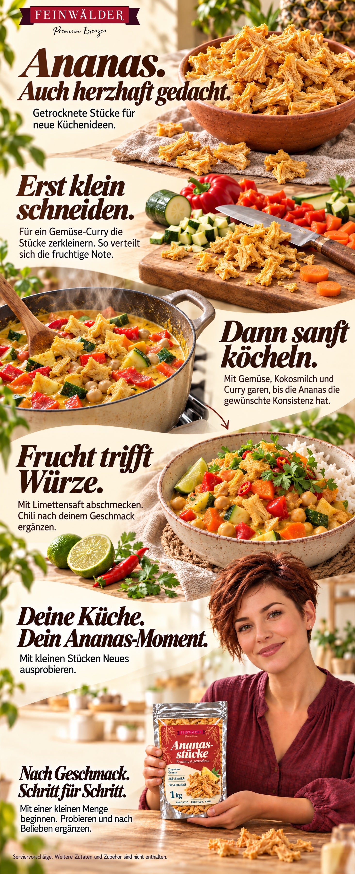 Ananas dans un curry de légumes au coco : couper, mijoter et assaisonner ; femme tenant naturellement le sachet Feinwälder de 1 kg.