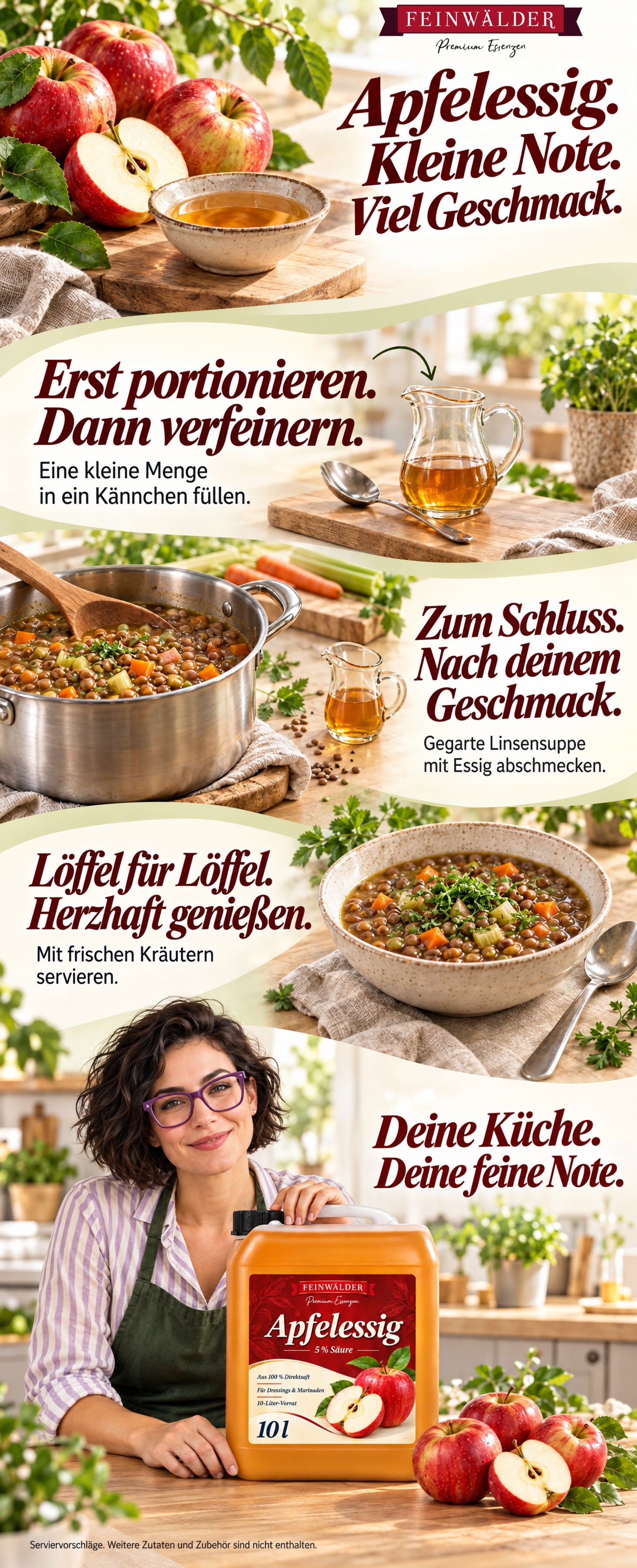 Feinwälder apple cider vinegar: measuring a small amount, seasoning cooked lentil soup at the end and serving with fresh herbs. A woman stands with the 10-l container in a bright kitchen.