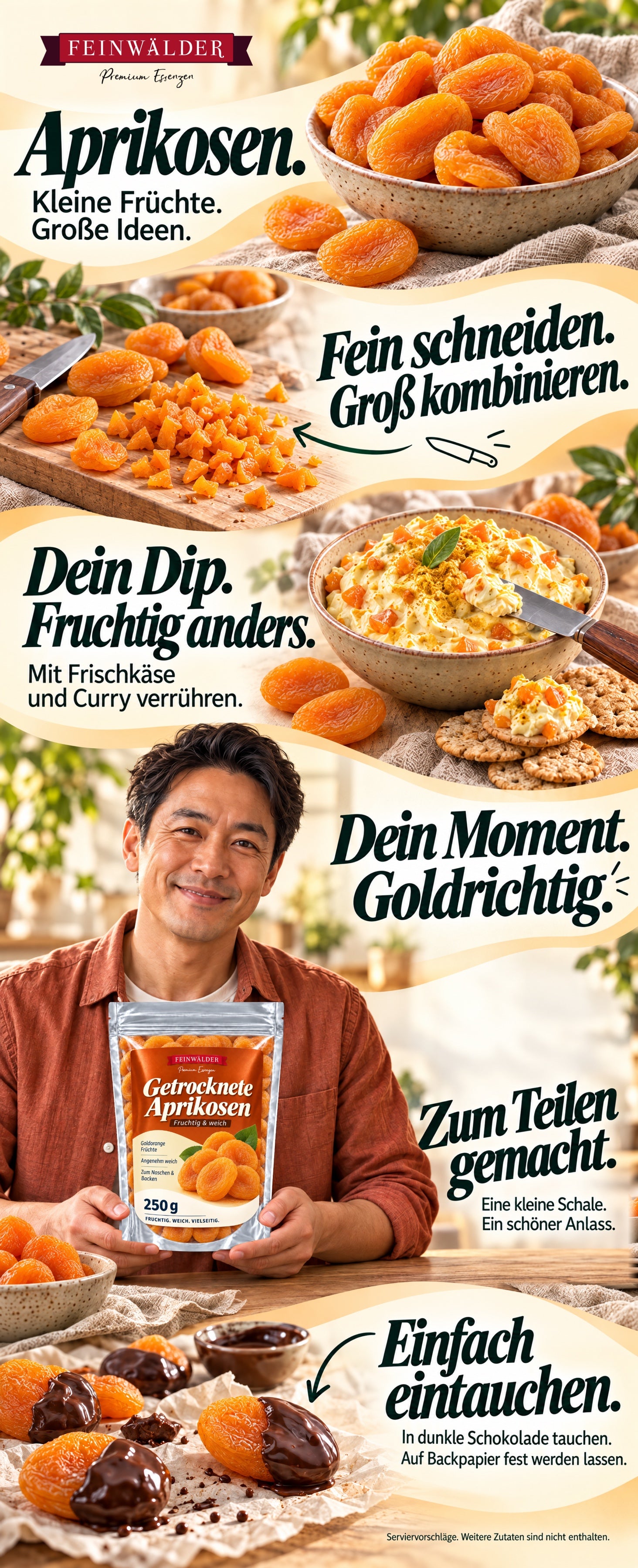 Abrikozen van Feinwälder. Kleine vruchten. Grote ideeën. Fijn snijden. Groots combineren. Jouw dip. Verrassend fruitig. Roer door roomkaas met kerrie. Jouw moment. Precies goed. Gemaakt om te delen. Een kleine schaal. Een mooie gelegenheid. Gewoon onderdompelen. Doop in pure chocolade. Laat hard worden op bakpapier. Serveersuggesties. Verdere ingrediënten zijn niet inbegrepen.