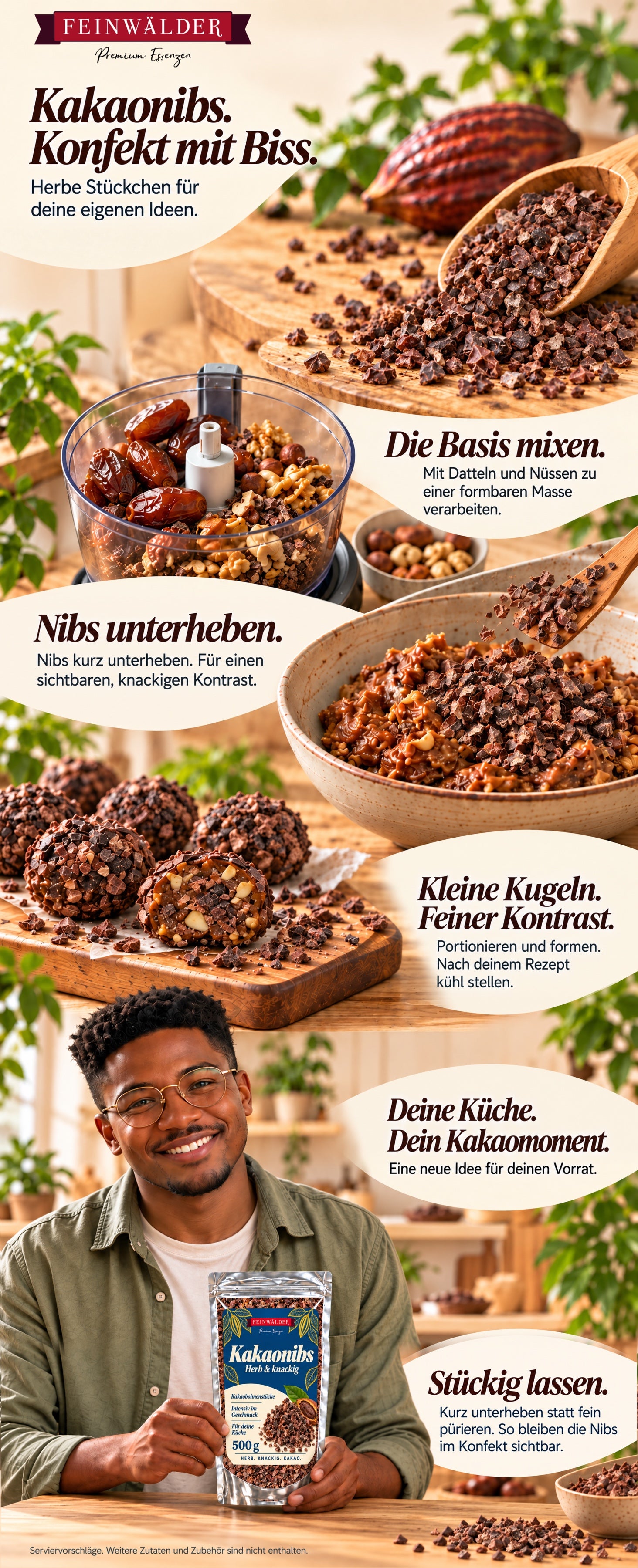 Kakaonibs: Dattel-Nuss-Konfekt mit sichtbaren herben Stückchen, kleine Kugeln formen und natürlich gehaltene Originalverpackung