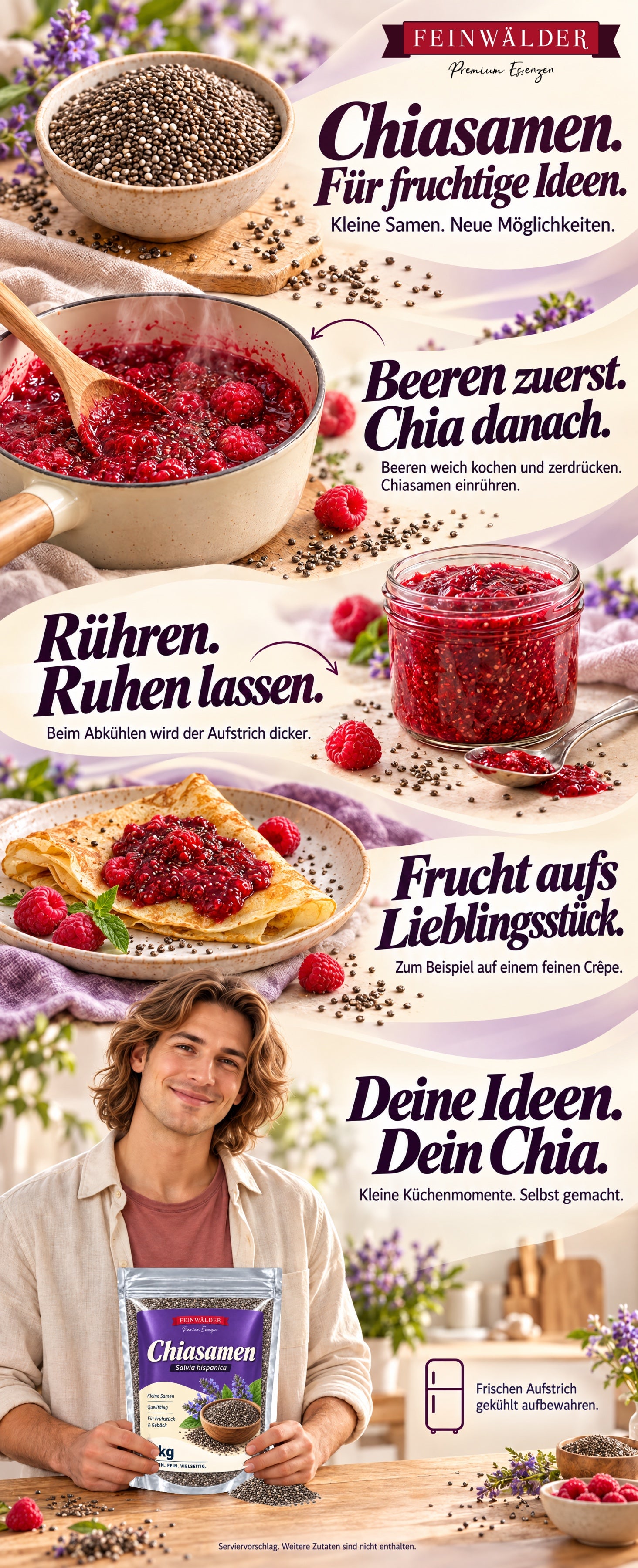 Chiasamen in weich gekochte und zerdrückte Beeren einrühren, den Aufstrich beim Abkühlen ruhen lassen und auf einem Crêpe genießen. Frischen Aufstrich gekühlt aufbewahren. Ein Mann hält den originalen Feinwälder-1-kg-Beutel.