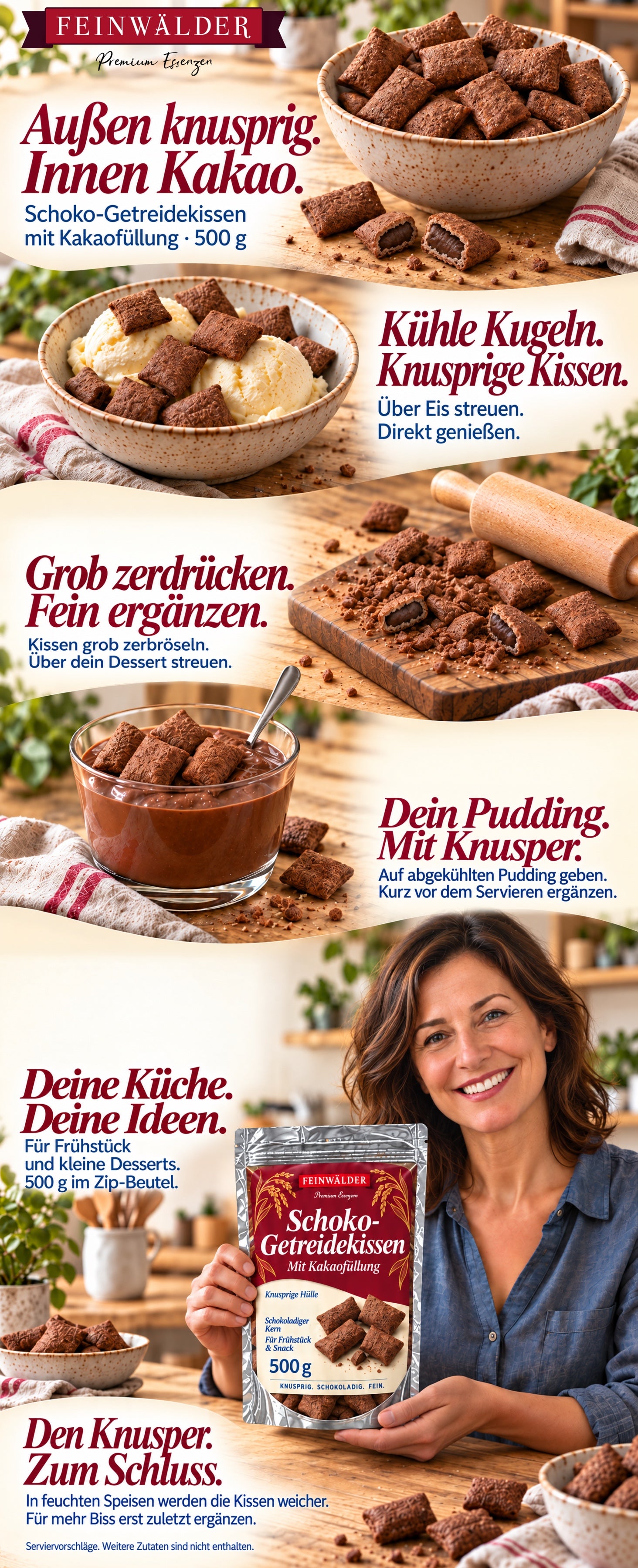Schoko-Getreidekissen mit Kakaofüllung: Eis mit Knusperkissen, grobe Dessertstreusel, abgekühlter Pudding und eine natürlich gehaltene 500-g-Packung.