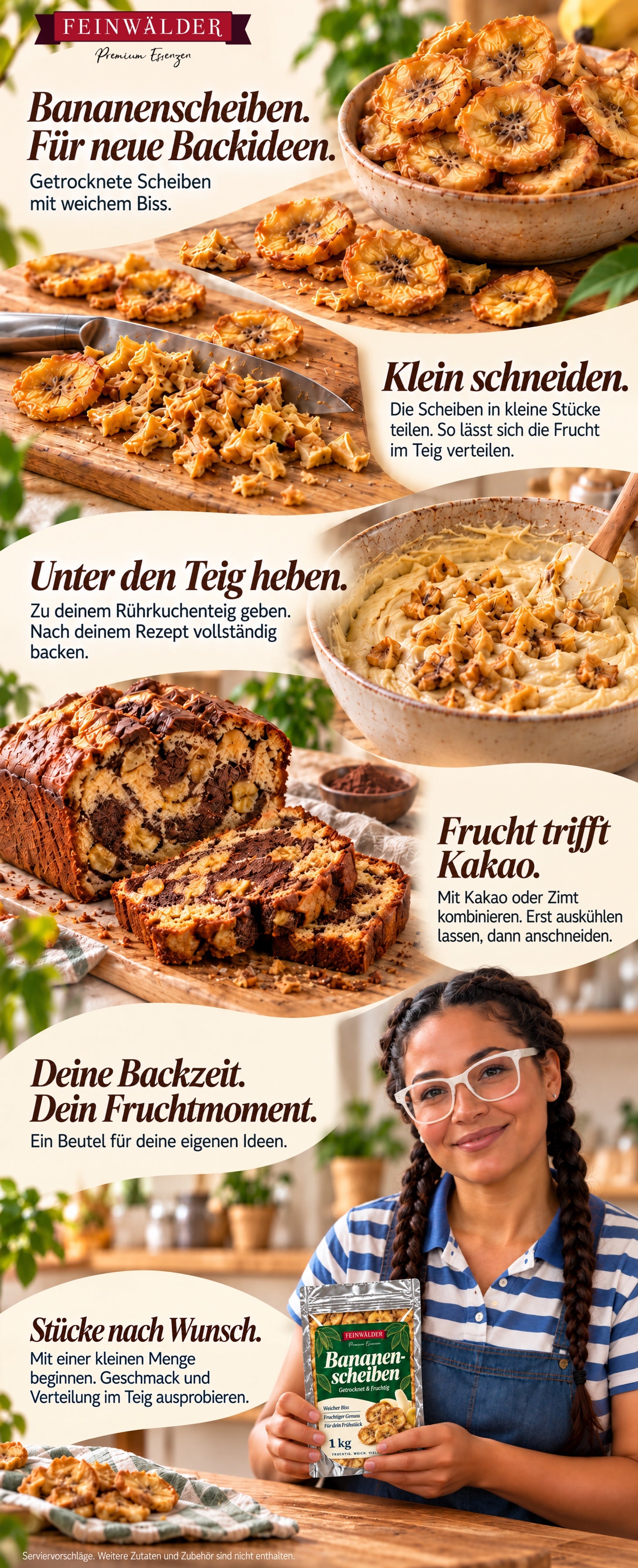Getrocknete Bananenscheiben · 1 kg. Durchgehender A+-Inhalt mit ergänzender Küchenidee und natürlich gehaltener Feinwälder-Verpackung.