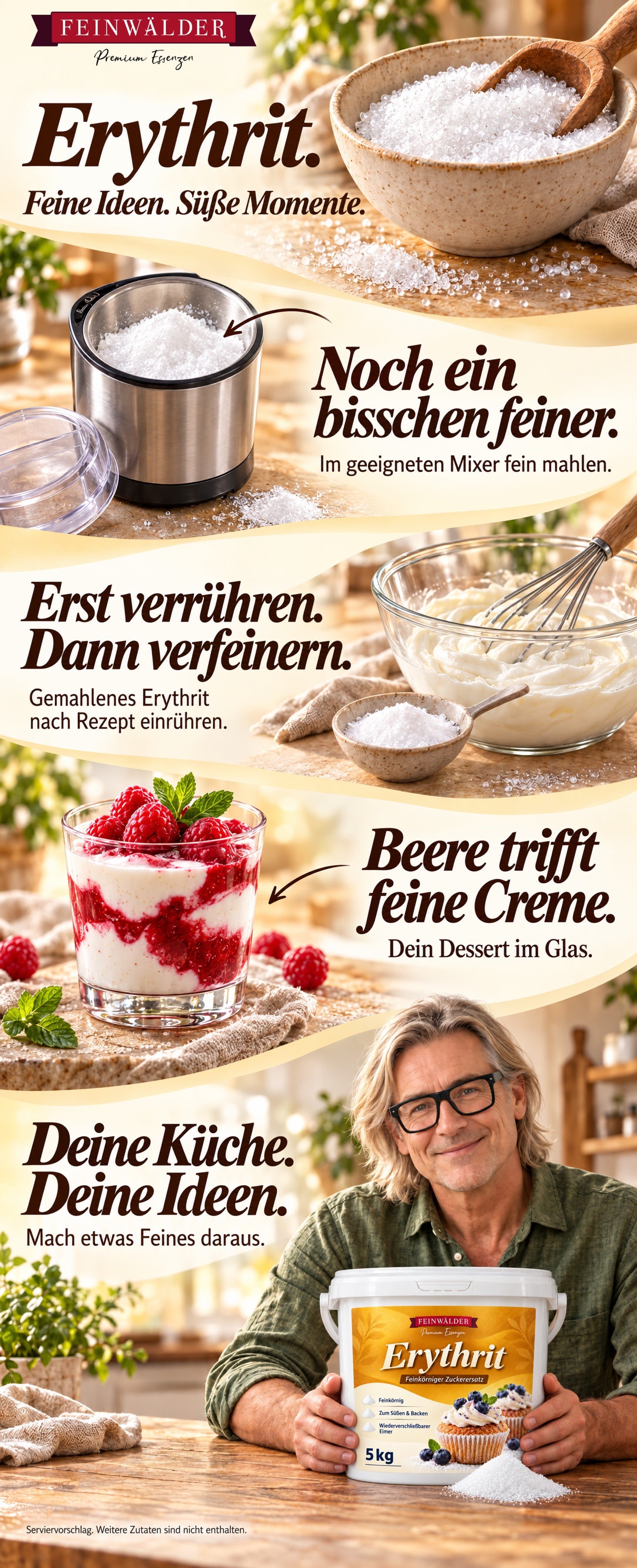 Feinwälder Erythrit: im geeigneten Mixer fein mahlen, nach Rezept in Quarkcreme rühren und als Beerendessert im Glas servieren. Ein Mann am Küchentisch mit dem 5-kg-Eimer.