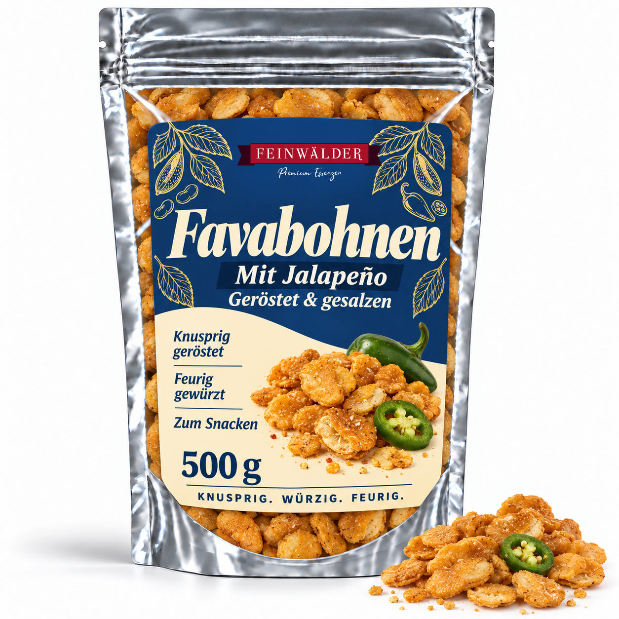 Silberner Feinwälder-Beutel mit gerösteten Favabohnen, Jalapeño-Geschmack und 500 g Füllmenge.