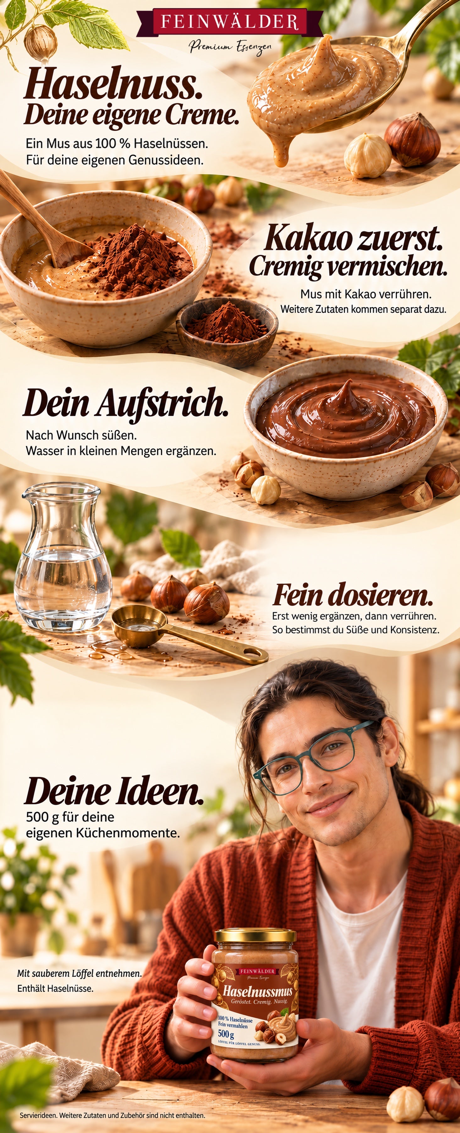 Haselnussmus im kompakten 500-g-Glas: Kakao zuerst verrühren, nach Wunsch süßen und die Konsistenz fein dosieren; natürlich gehaltenes Glas in einer warmen Küche.