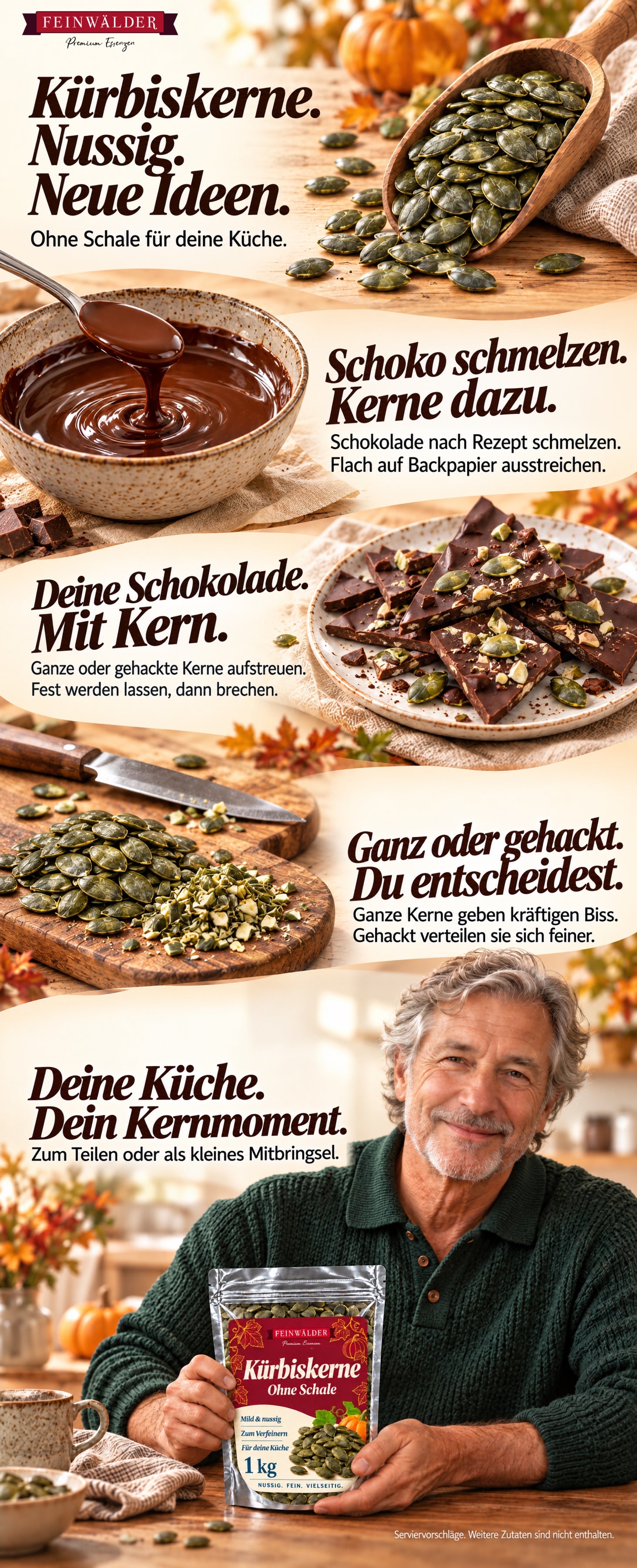 Kürbiskerne ohne Schale · 1 kg. Durchgehender A+-Inhalt mit ergänzender Küchenidee und natürlich gehaltener Feinwälder-Verpackung.