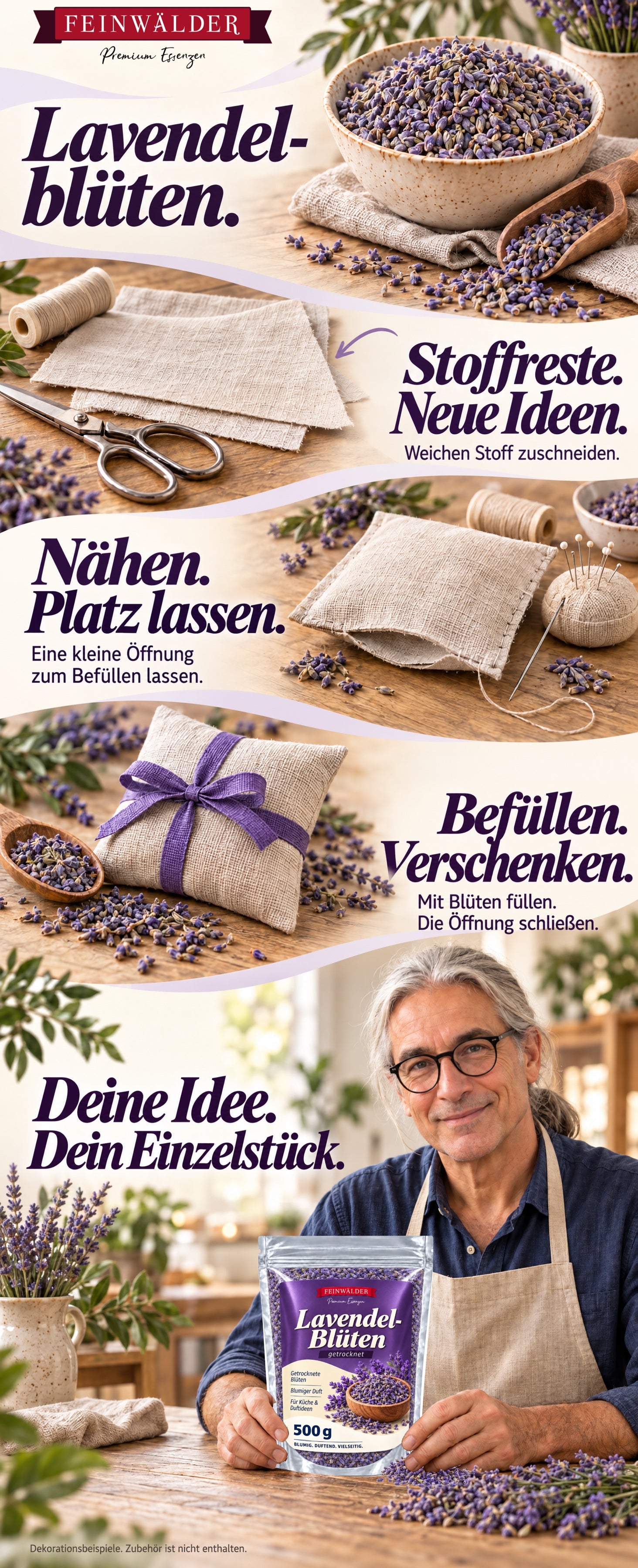 Feinwälder Lavendelblüten: Stoff zuschneiden, ein kleines Kissen nähen und befüllen, mit dem originalen 500-g-Beutel und einem Mann am Arbeitstisch.