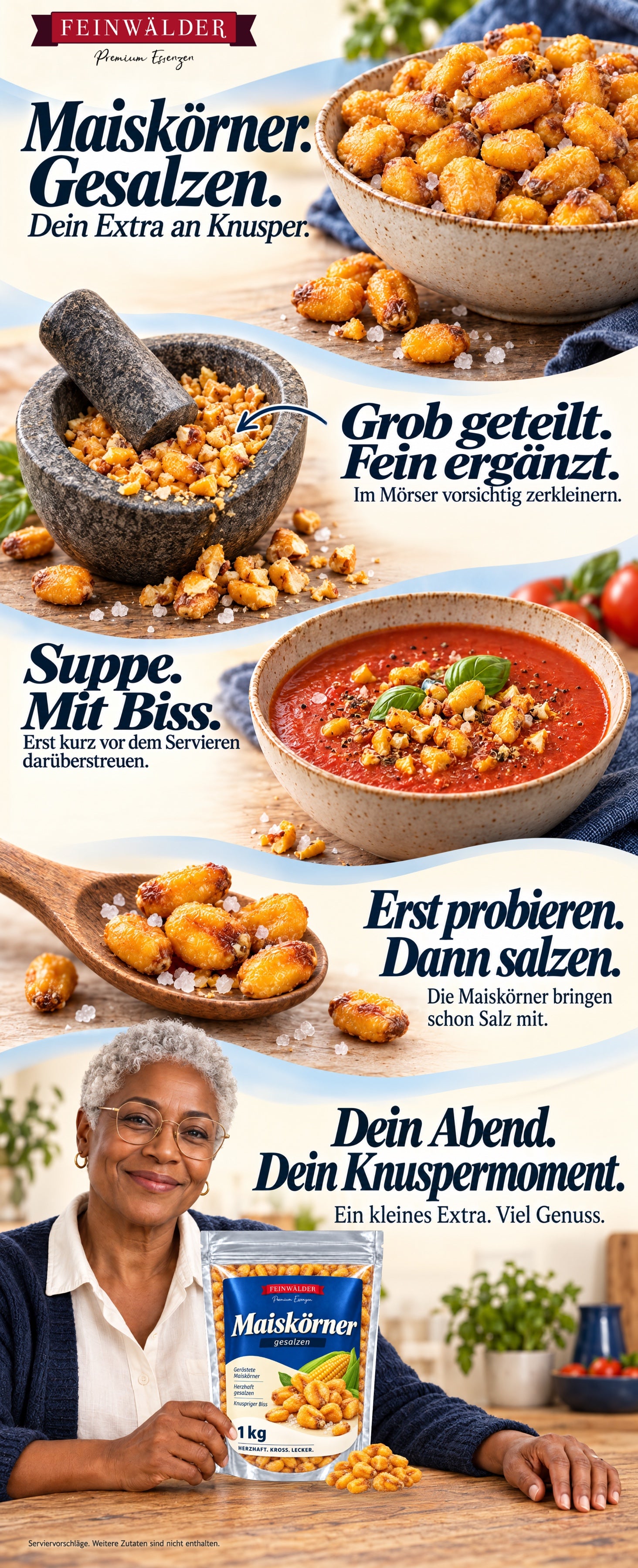Feinwälder gesalzene Maiskörner: im Mörser grob zerkleinern, Tomatensuppe kurz vor dem Servieren ergänzen und vor dem Nachsalzen probieren. Eine Frau hält den Originalbeutel am Küchentisch.