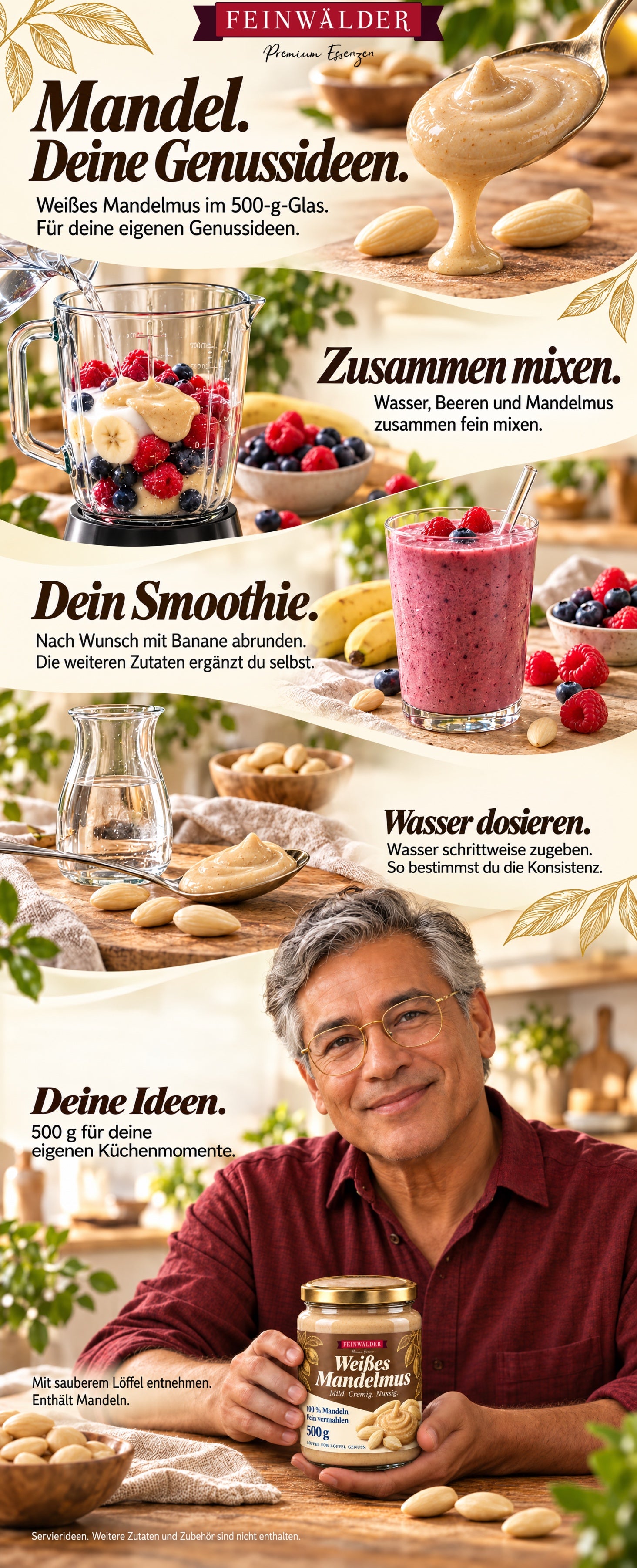 Weißes Mandelmus im 500-g-Glas: Beeren-Smoothie zubereiten, Wasser dosieren und sauber entnehmen