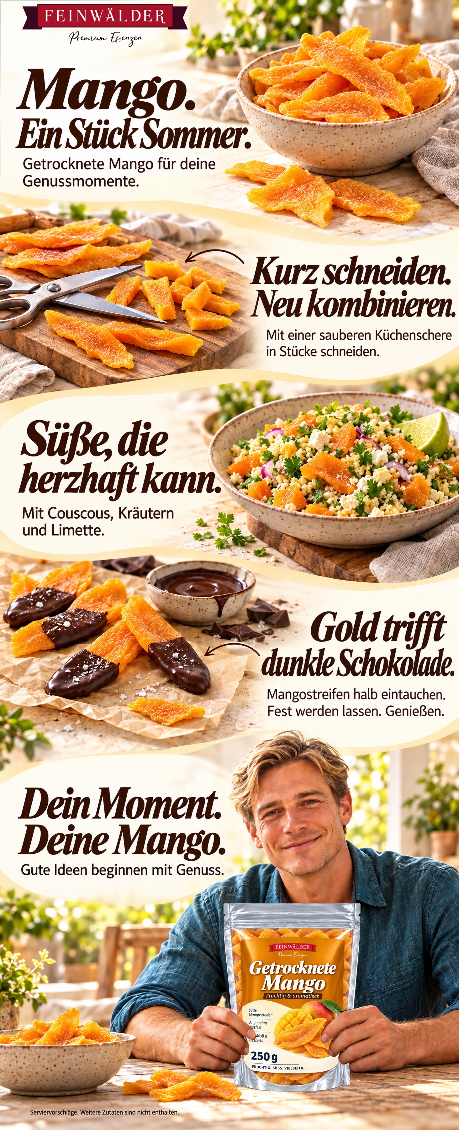 Feinwälder Getrocknete Mango. Ein Stück Sommer. Mangostreifen mit einer sauberen Küchenschere in Stücke schneiden und neu kombinieren. Süße, die herzhaft kann: mit Couscous, Kräutern und Limette. Mangostreifen halb in dunkle Schokolade eintauchen und fest werden lassen. Dein Moment, deine Mango. Ein Mann im petrolfarbenen Hemd hält den 250-g-Mangobeutel am sonnigen Terrassentisch. Gute Ideen beginnen mit Genuss. Serviervorschläge. Weitere Zutaten sind nicht enthalten.