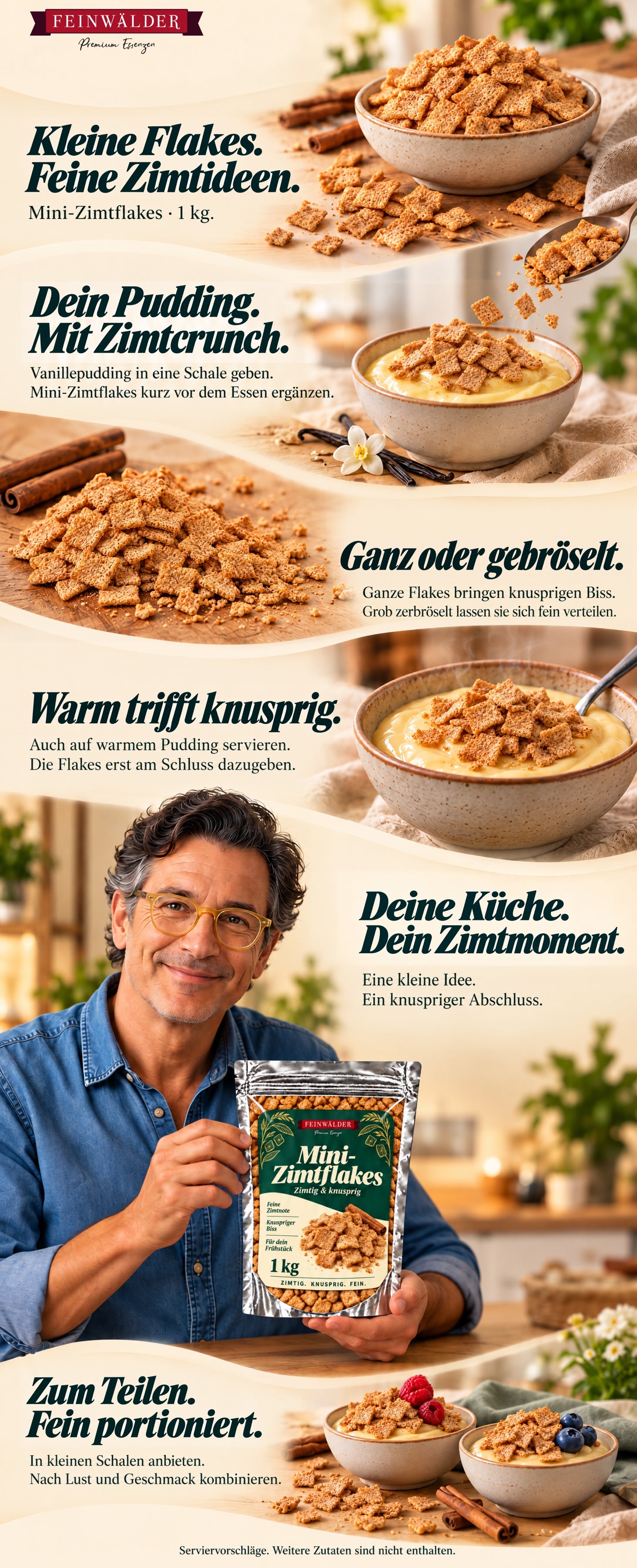 Mini-Zimtflakes als knusprige Ergänzung zu Vanillepudding, ganz oder gebröselt, mit natürlich gehaltenem 1-kg-Beutel.