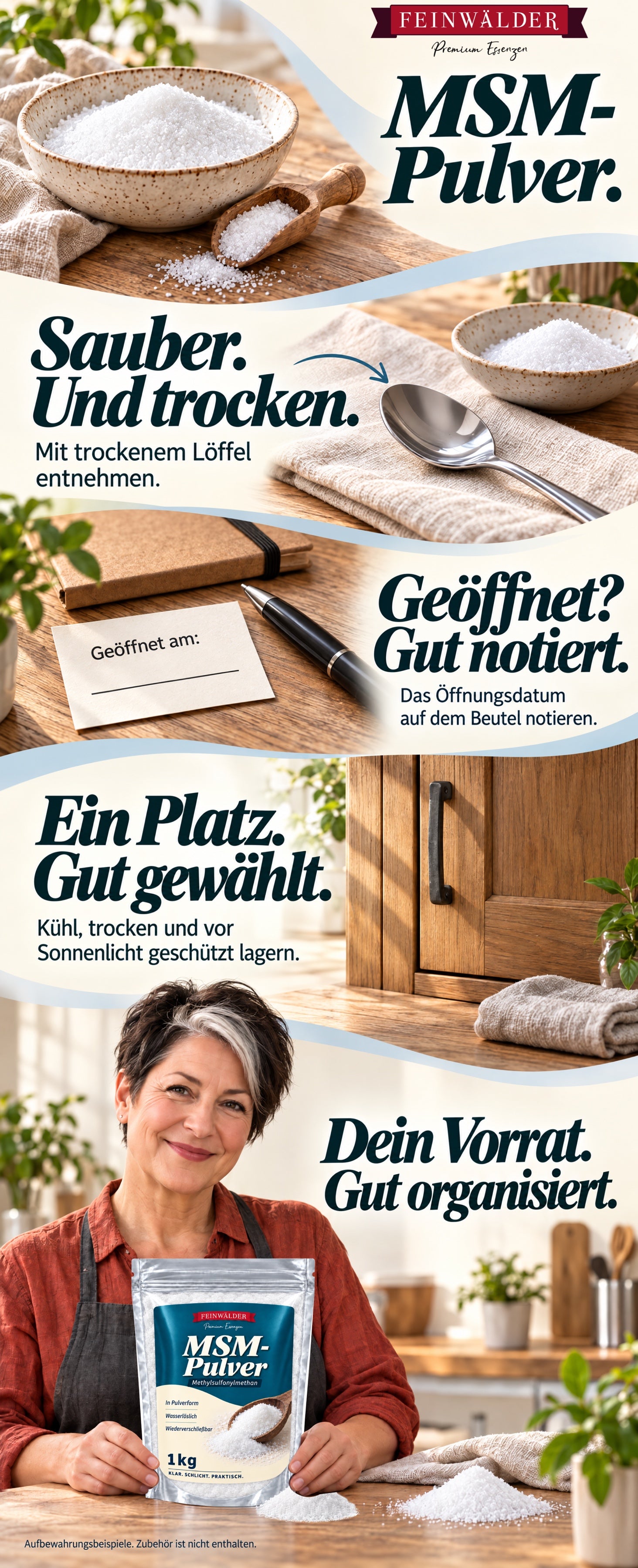 Feinwälder MSM powder: using a dry utensil, noting the opening date and suitable storage, with a woman and the complete original 1-kg pack.
