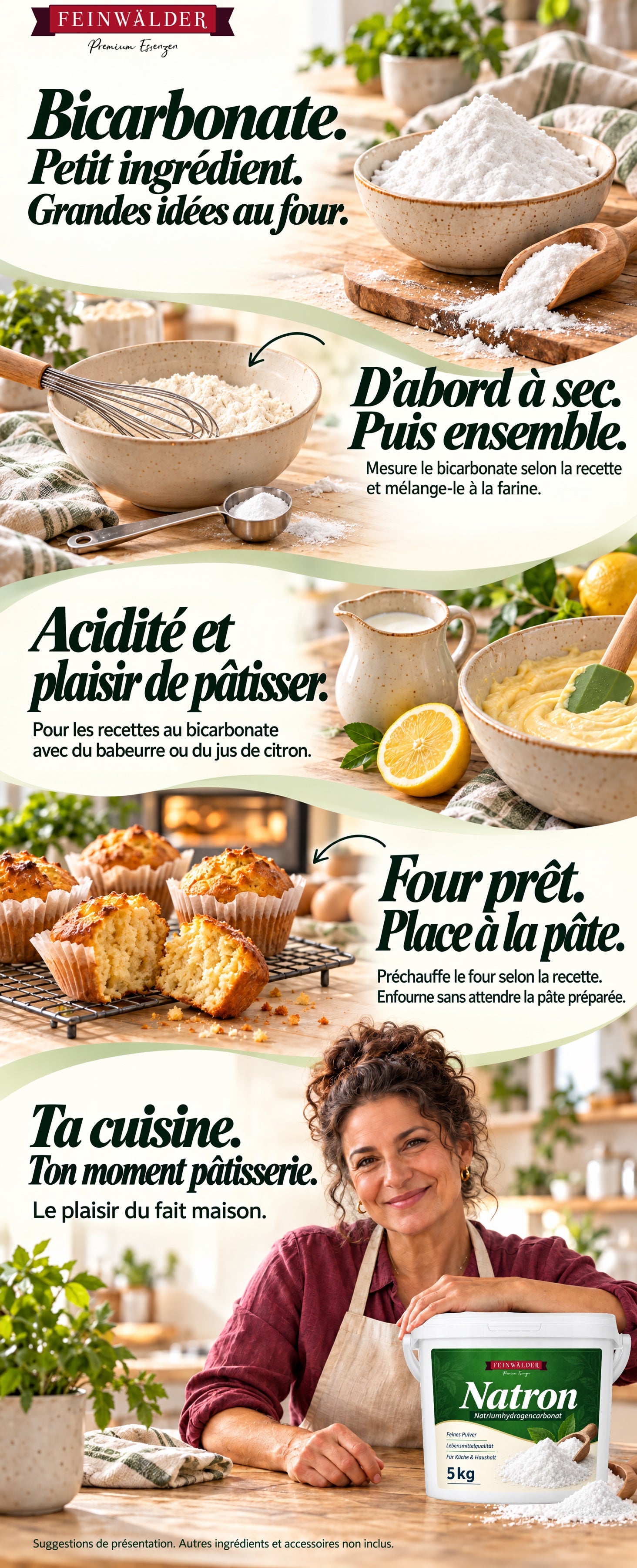 Bicarbonate Feinwälder. Mesurer le bicarbonate selon la recette et le mélanger à la farine. Ingrédients pour des recettes au babeurre ou au jus de citron. Préchauffer le four selon la recette et enfourner sans attendre la pâte préparée. Muffins dorés sur une grille. Une femme aux cheveux foncés bouclés, en chemisier prune et tablier clair, se tient à la table de cuisine avec le seau blanc de bicarbonate de 5 kg. Suggestions de présentation ; les autres ingrédients et accessoires ne sont pas inclus.