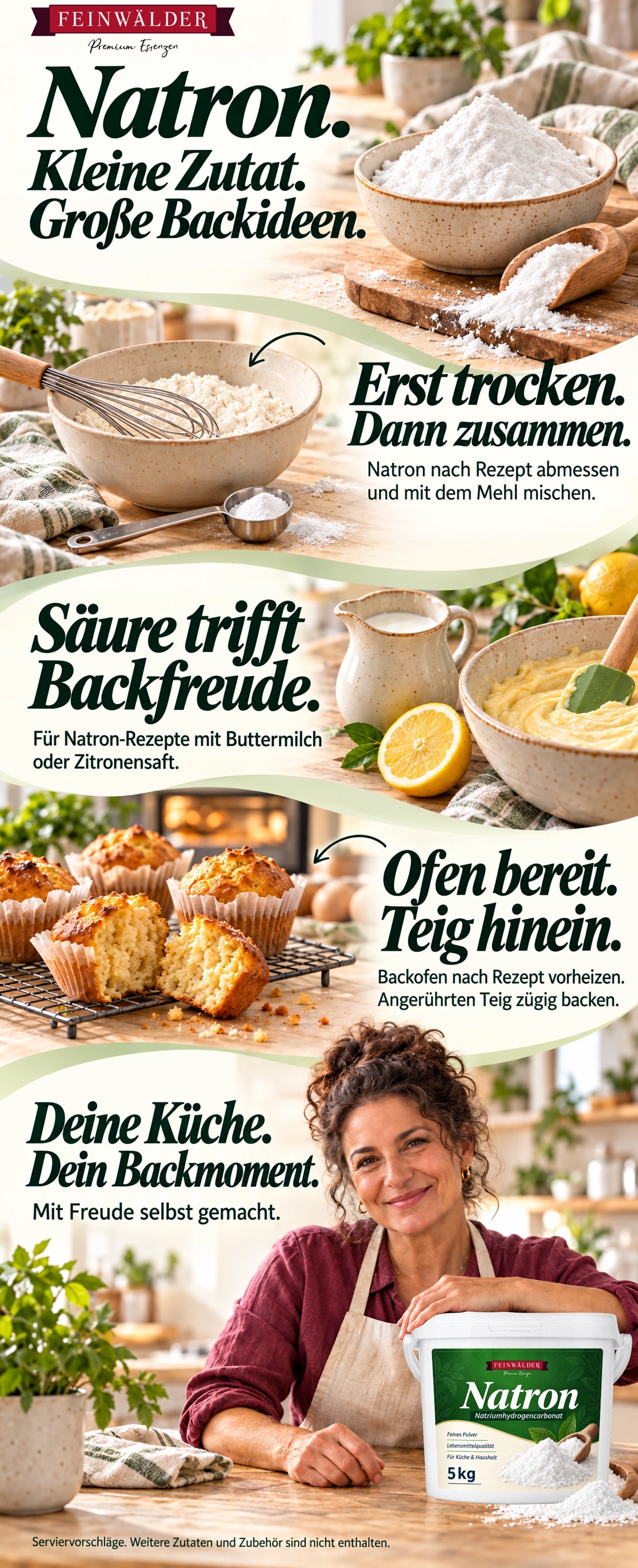 Feinwälder zuiveringszout. Klein ingrediënt, grote bakideeën. Eerst droog, dan samen: meet zuiveringszout volgens het recept af en meng met het meel. Zuur ontmoet bakplezier: ingrediënten voor recepten met zuiveringszout en karnemelk of citroensap. Oven klaar, deeg erin: verwarm de oven volgens het recept voor en bak het gemengde deeg vlot. Gouden muffins op een taartrooster. Jouw keuken, jouw bakmoment. Met plezier zelfgemaakt. Een vrouw met donkere krullen, een pruimkleurige blouse en licht schort aan de keukentafel met de witte zuiveringszoutemmer van 5 kg. Serveersuggesties. Verdere ingrediënten en accessoires zijn niet inbegrepen.