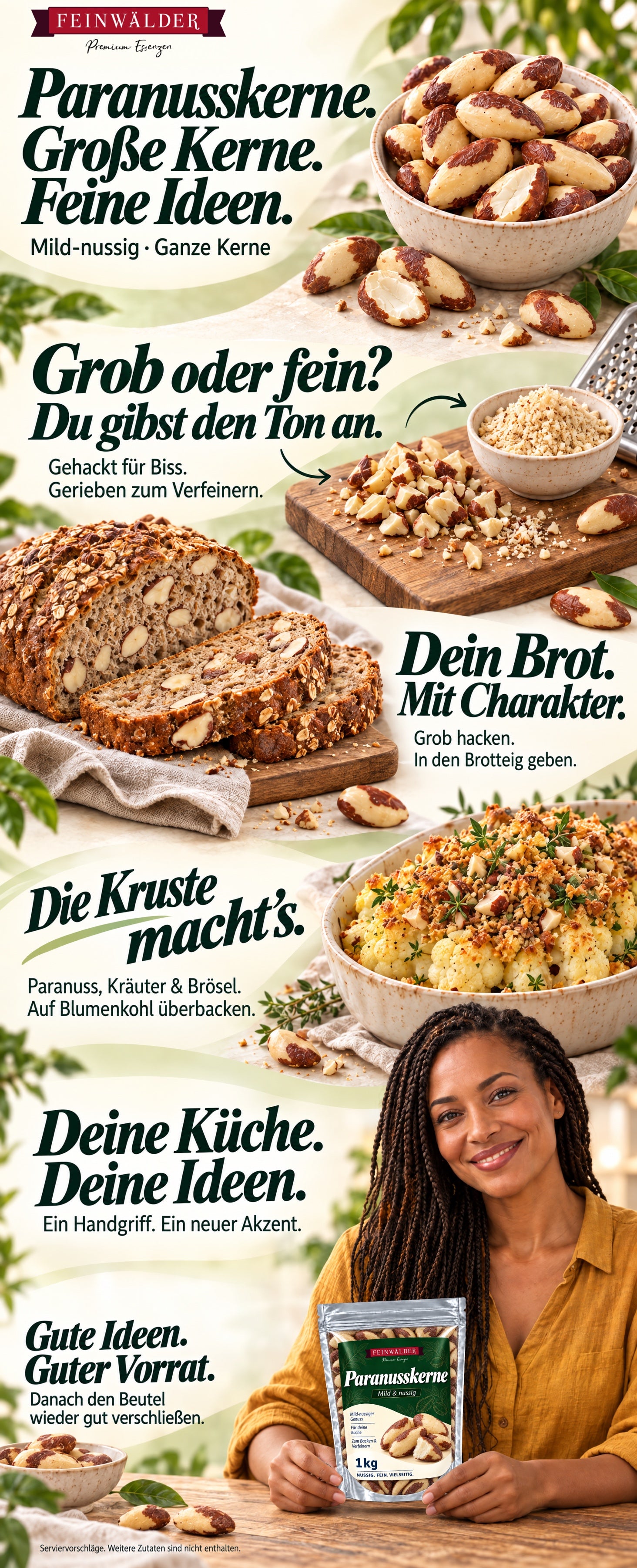 Paranusskerne. Große Kerne. Feine Ideen. Mild-nussig · Ganze Kerne. Grob oder fein? Du gibst den Ton an. Gehackt für Biss. Gerieben zum Verfeinern. Dein Brot. Mit Charakter. Grob hacken. In den Brotteig geben. Die Kruste macht’s. Paranuss, Kräuter & Brösel. Auf Blumenkohl überbacken. Deine Küche. Deine Ideen. Ein Handgriff. Ein neuer Akzent. Gute Ideen. Guter Vorrat. Danach den Beutel wieder gut verschließen. Serviervorschläge. Weitere Zutaten sind nicht enthalten.