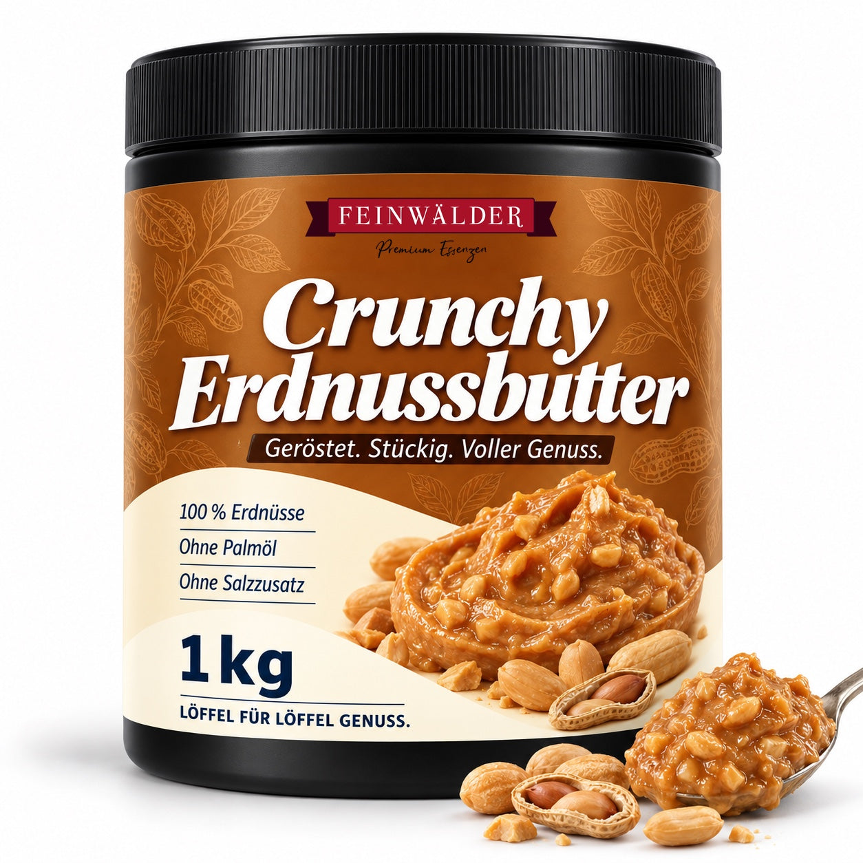 Feinwälder crunchy peanut butter – black 1-kg tub with a label and a small pile of peanuts