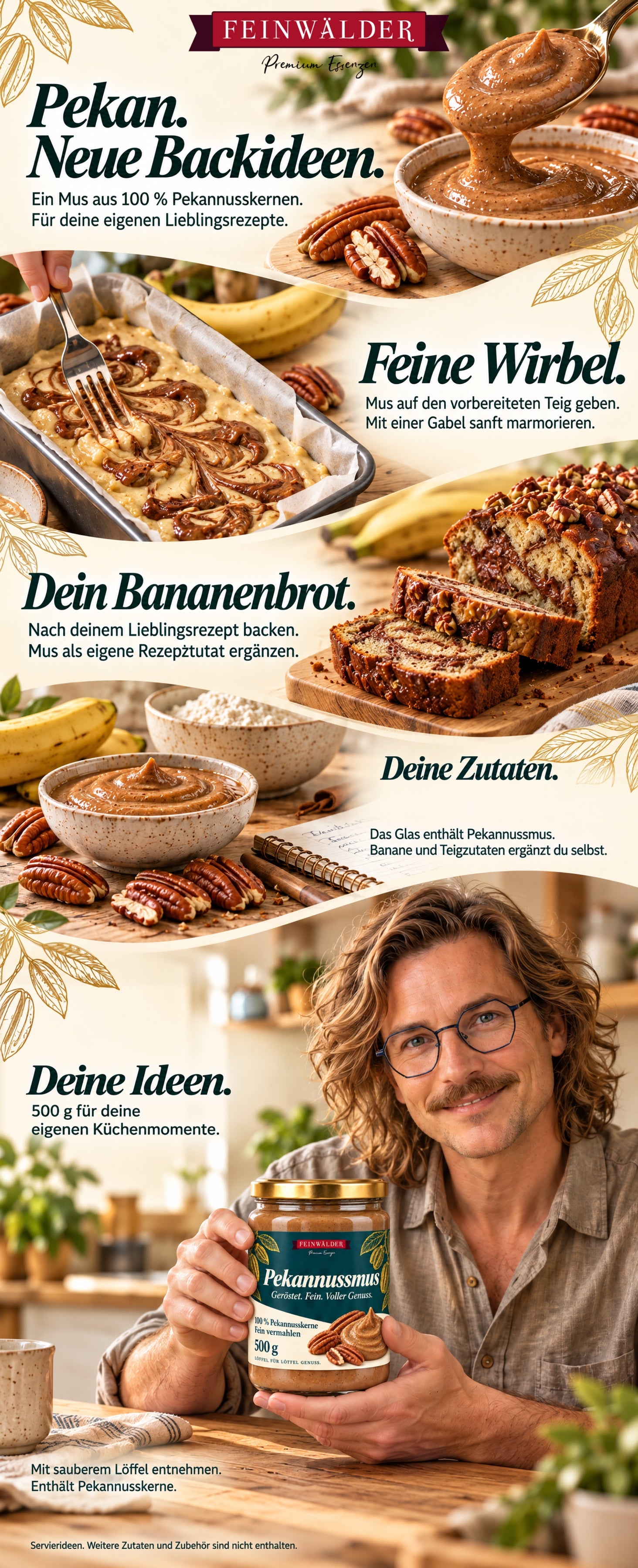 Pekannussmus im kompakten 500-g-Glas: Bananenbrot mit Pekanwirbeln, Zubereitungsideen und natürlich gehaltener Produktpackung
