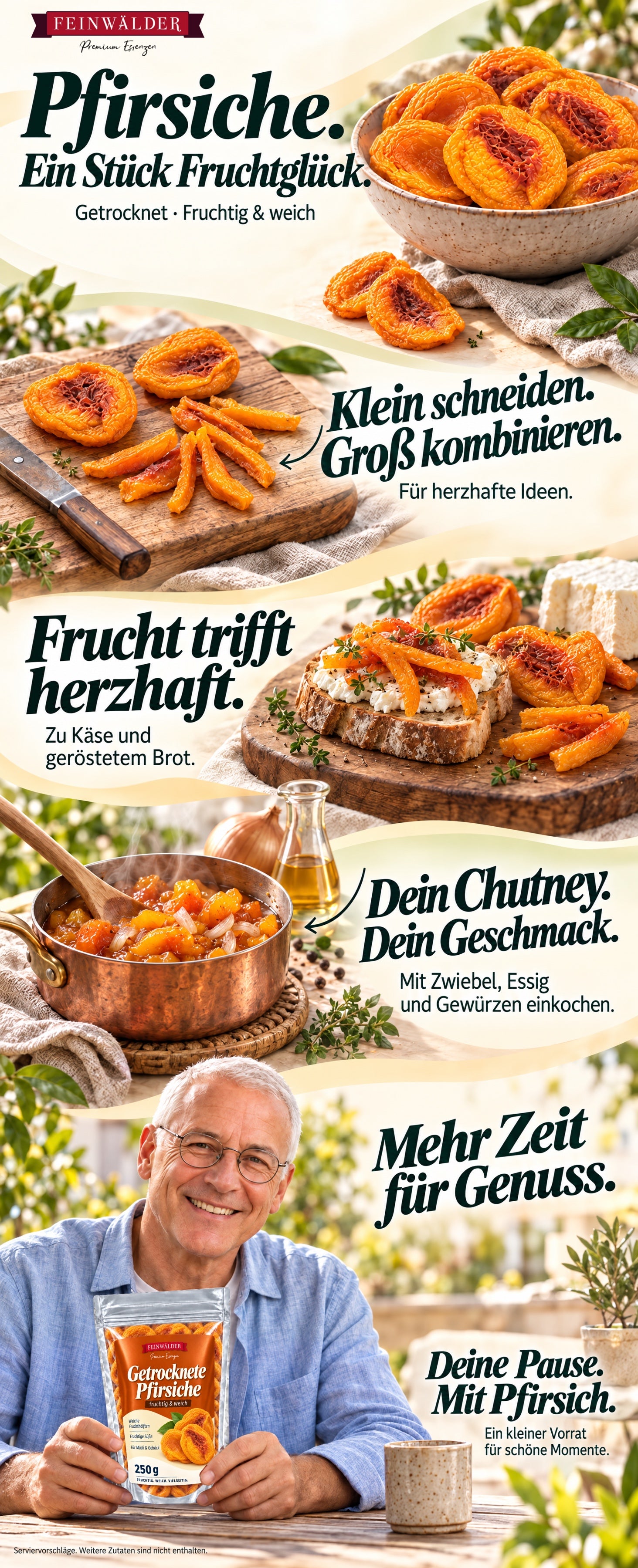 Pfirsiche. Ein Stück Fruchtglück. Getrocknet · Fruchtig & weich. Klein schneiden. Groß kombinieren. Für herzhafte Ideen. Frucht trifft herzhaft. Zu Käse und geröstetem Brot. Dein Chutney. Dein Geschmack. Mit Zwiebel, Essig und Gewürzen einkochen. Mehr Zeit für Genuss. Deine Pause. Mit Pfirsich. Ein kleiner Vorrat für schöne Momente. Serviervorschläge. Weitere Zutaten sind nicht enthalten.