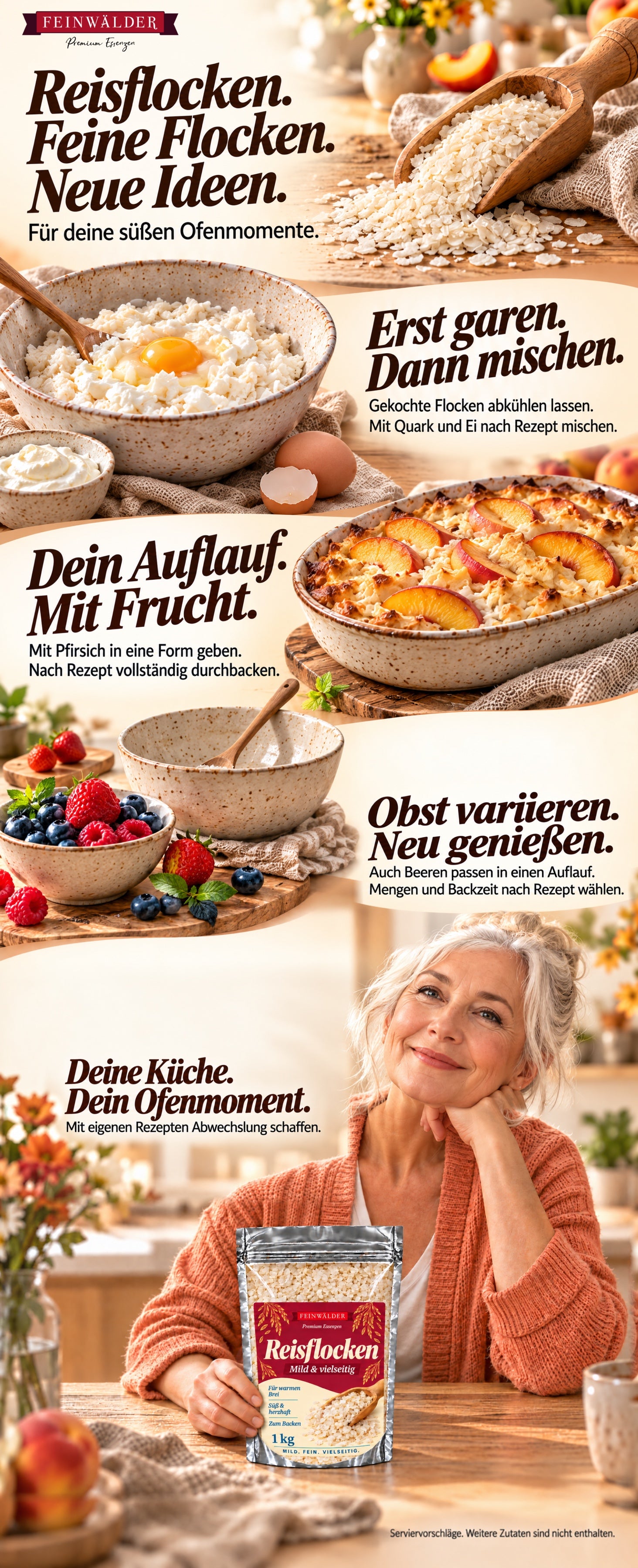 Reisflocken · 1 kg. Durchgehender A+-Inhalt mit ergänzender Küchenidee und natürlich gehaltener Feinwälder-Verpackung.