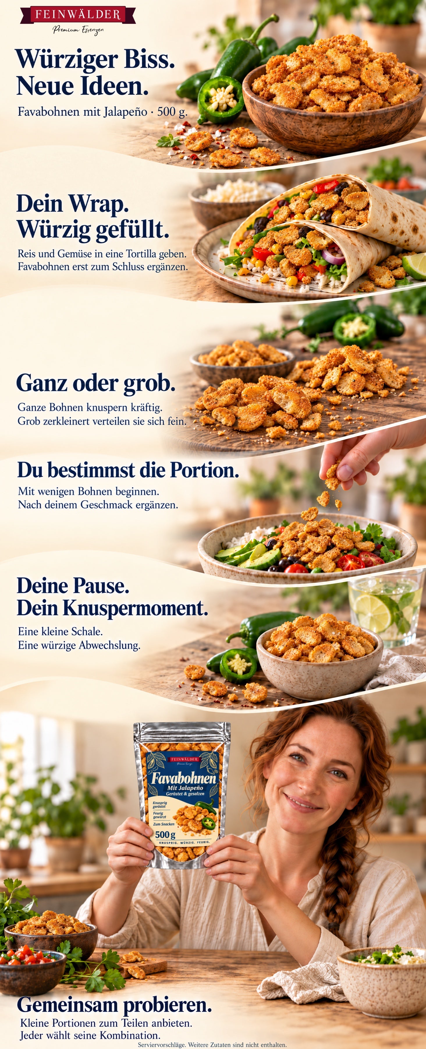 Geröstete Favabohnen mit Jalapeño: Reis-Gemüse-Wrap, ganze und grob zerkleinerte Bohnen, Portionsideen und natürlich gemeinsam gehaltene 500-g-Packung.