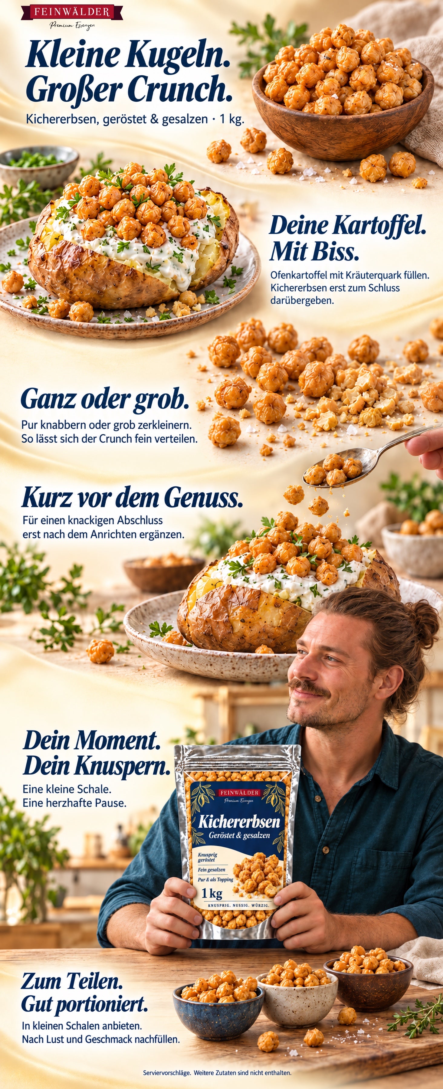 Feinwälder Kichererbsen, geröstet und gesalzen: knusprige Genussideen für Ofenkartoffeln und kleine Pausen im nahtlosen A-Plus-Inhalt.
