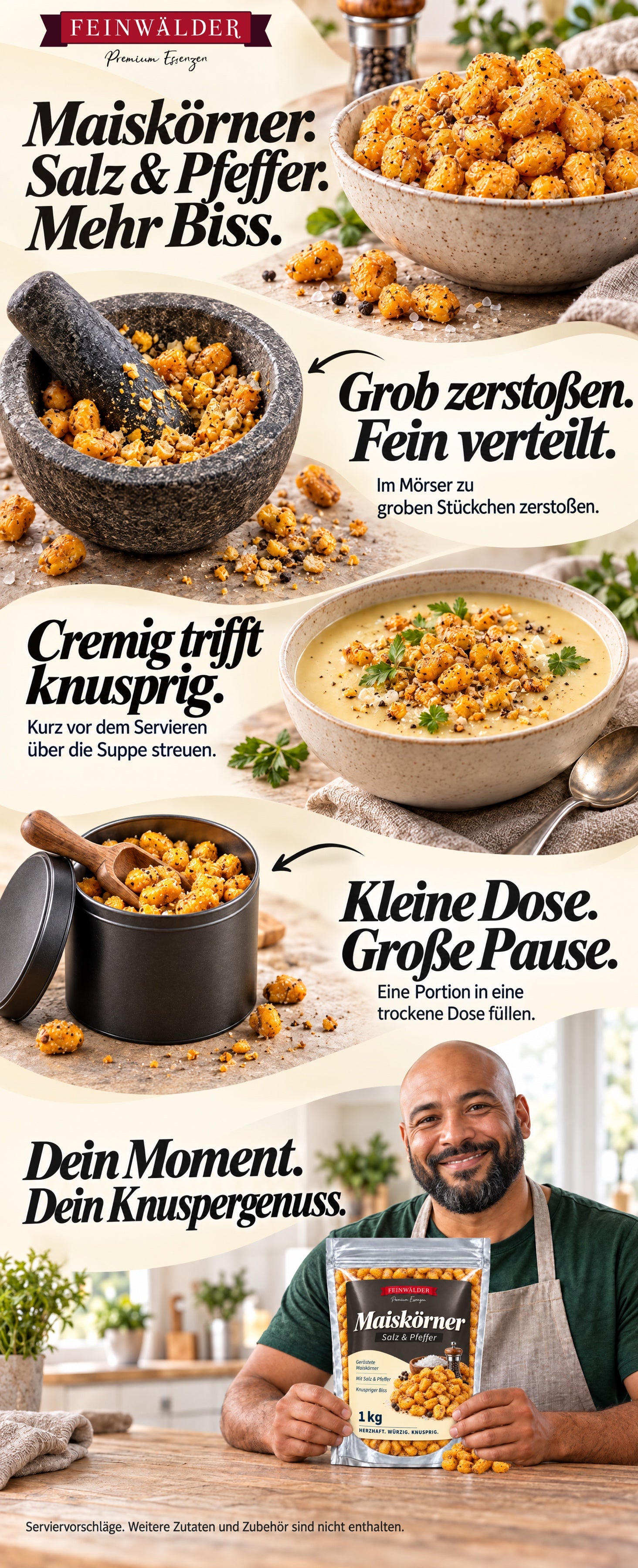 Feinwälder corn kernels with salt and pepper: coarsely crushed, as a soup topping and portioned in a tin; a man holds the original pouch in a bright kitchen.