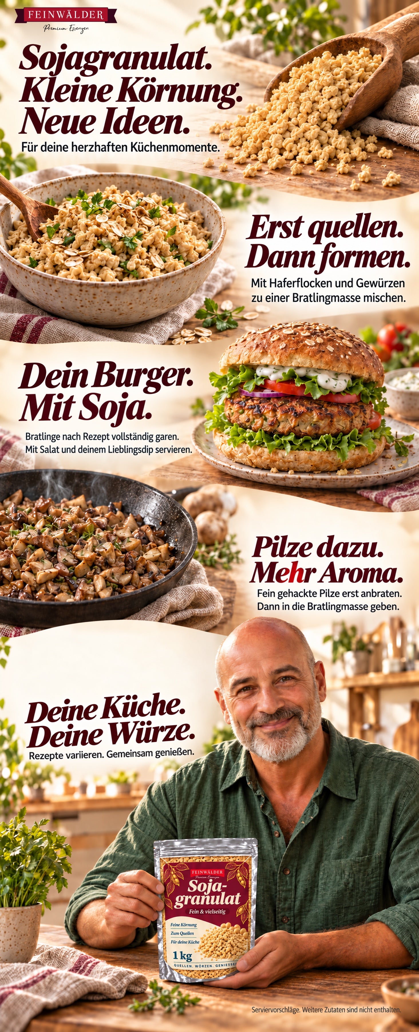Feines Sojagranulat · 1 kg. Durchgehender A+-Inhalt mit ergänzender Küchenidee und natürlich gehaltener Feinwälder-Verpackung.