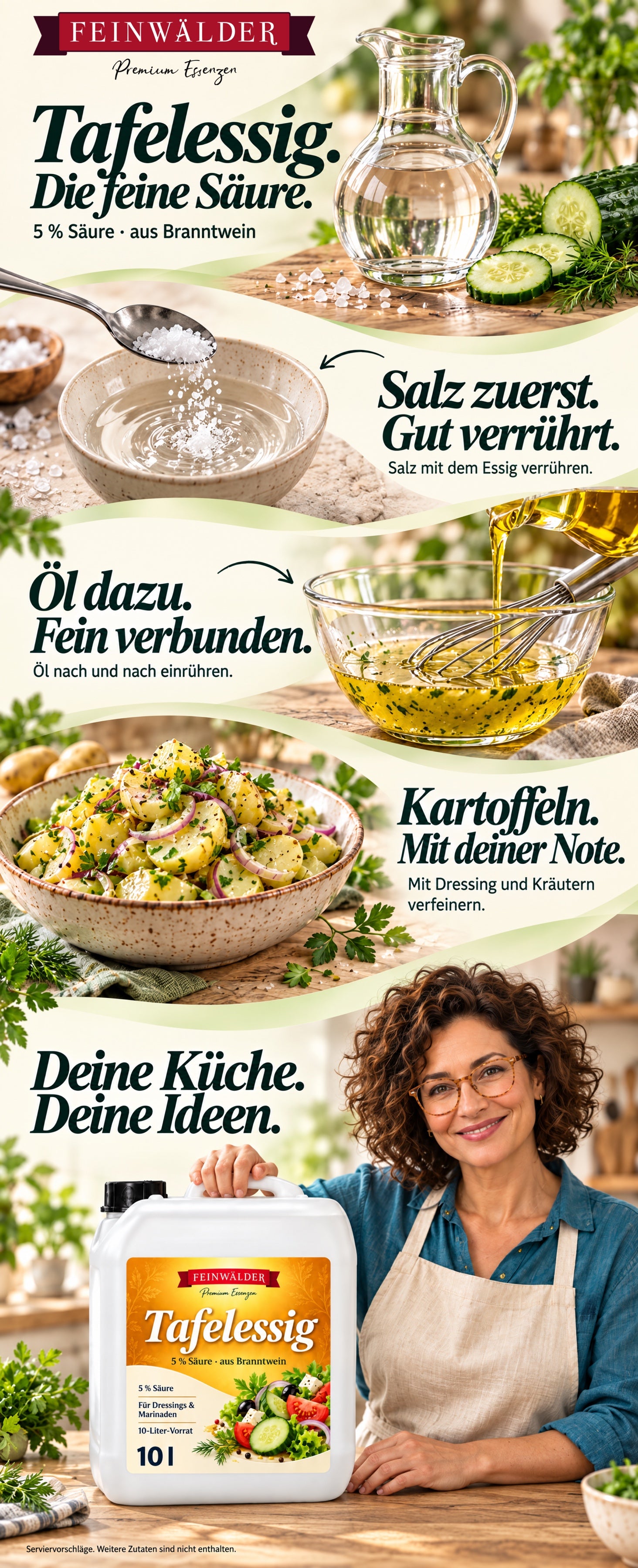 Tafelessig mit 5 % Säure: Salz zuerst mit Essig verrühren, Öl nach und nach einrühren und Kartoffelsalat verfeinern. Eine Frau steht mit dem weißen 10-l-Kanister am Küchentisch.