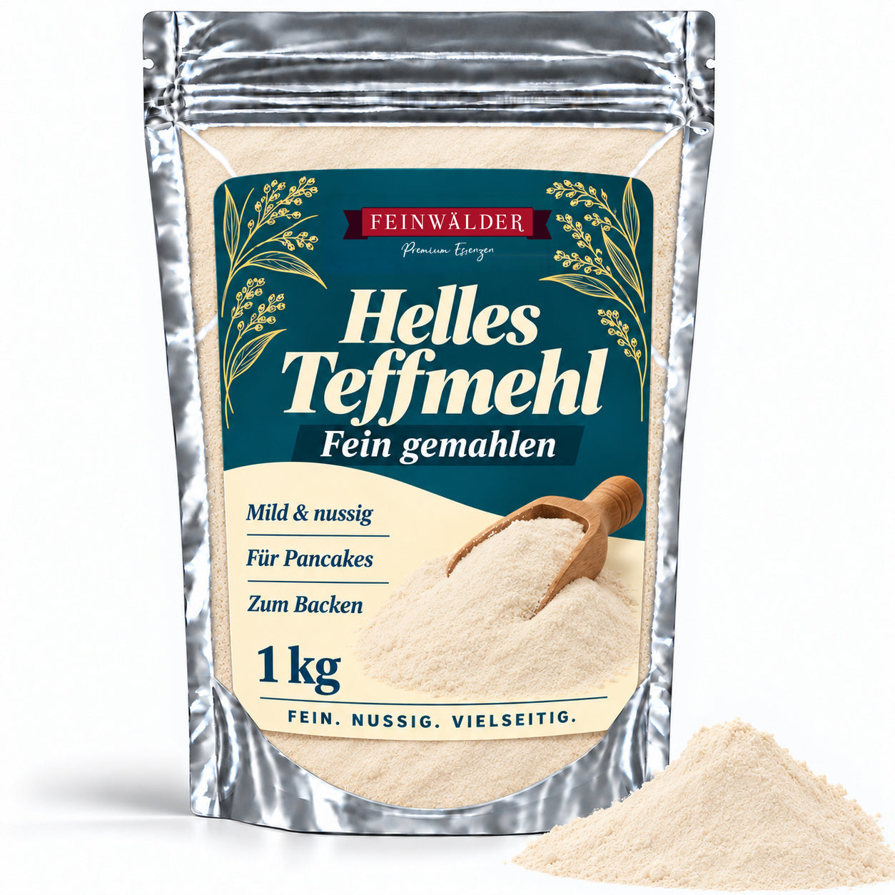 Silberner Feinwälder-Zip-Beutel mit hellem Teffmehl und petrolfarbenem Etikett, 1 kg.