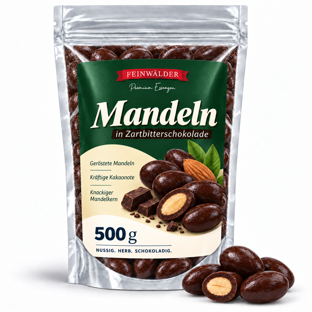 Feinwälder Mandeln in Zartbitterschokolade, 500 g, im neuen Standbodenbeutel