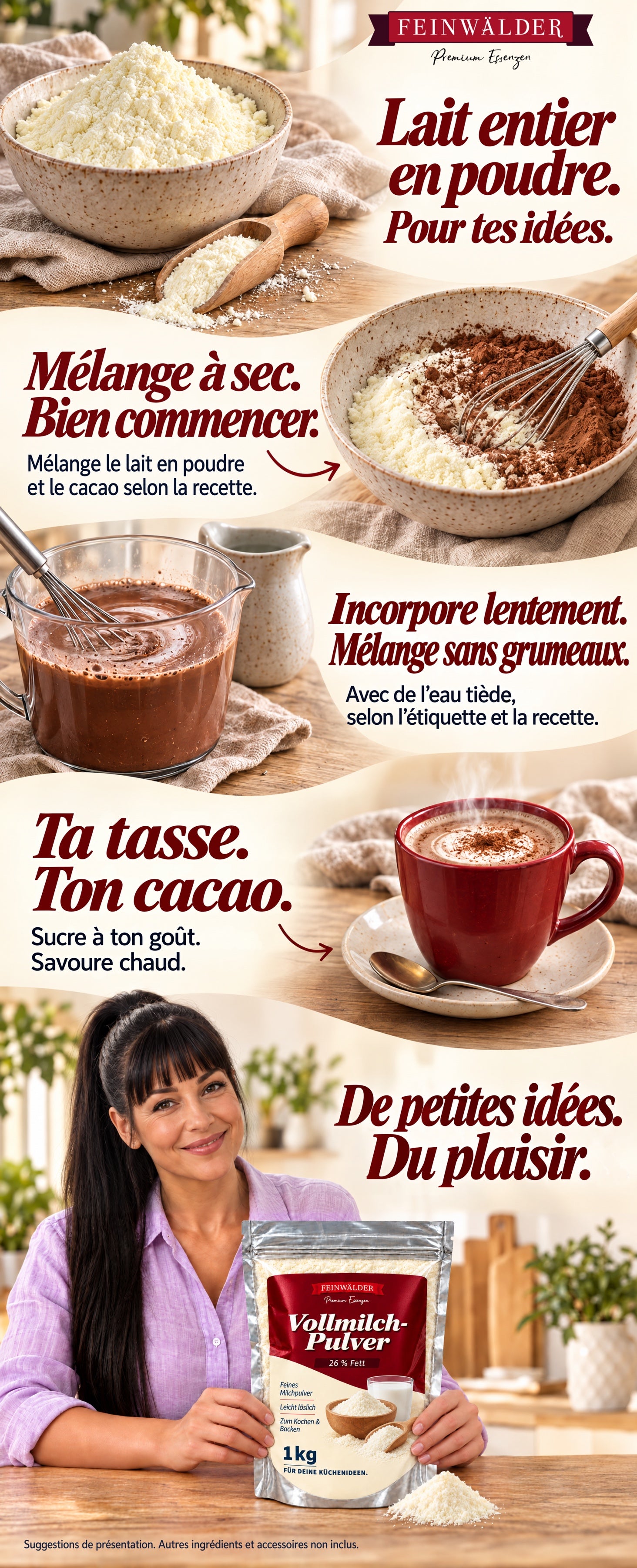 Lait entier en poudre : mélanger à sec au cacao, ajouter de l’eau chaude selon l’emballage et la recette ; une femme avec le sachet rouge de 1 kg.