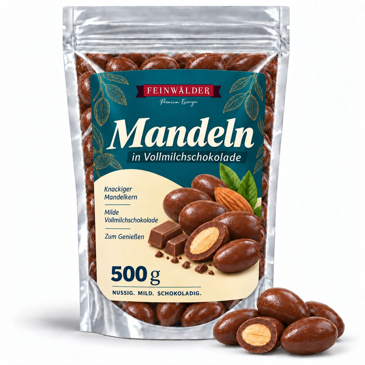 Mandeln in Vollmilchschokolade – 500 g im Feinwälder-Standbodenbeutel