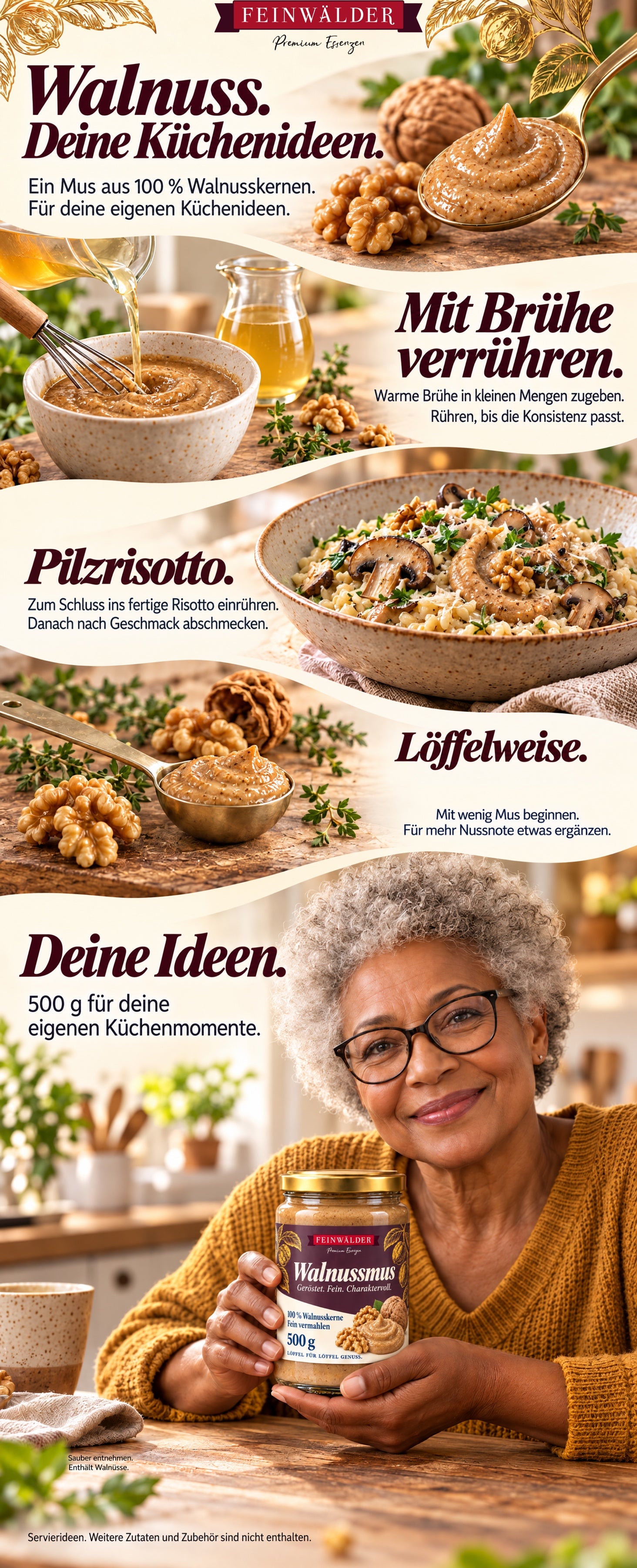 Walnussmus im 500-g-Glas: mit Brühe verrühren, Pilzrisotto verfeinern und sauber entnehmen