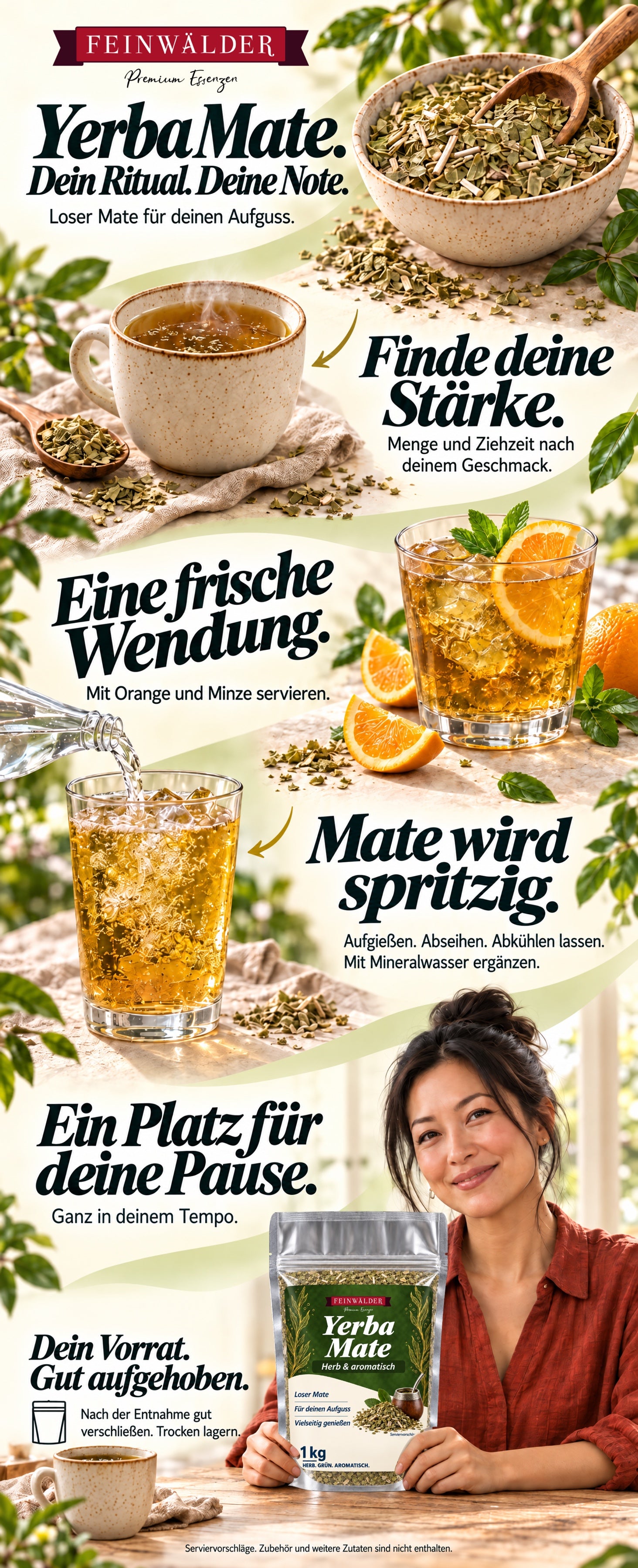 Feinwälder Yerba Mate. Dein Ritual. Deine Note. Loser Mate für deinen Aufguss. Finde deine Stärke: Menge und Ziehzeit nach deinem Geschmack. Eine frische Wendung: Mit Orange und Minze servieren. Mate wird spritzig: Aufgießen, abseihen, abkühlen lassen und mit Mineralwasser ergänzen. Ein Platz für deine Pause. Ganz in deinem Tempo. Eine Frau hält den originalen 1-kg-Beutel. Dein Vorrat. Gut aufgehoben: Nach der Entnahme gut verschließen. Trocken lagern. Serviervorschläge. Zubehör und weitere Zutaten sind nicht enthalten.