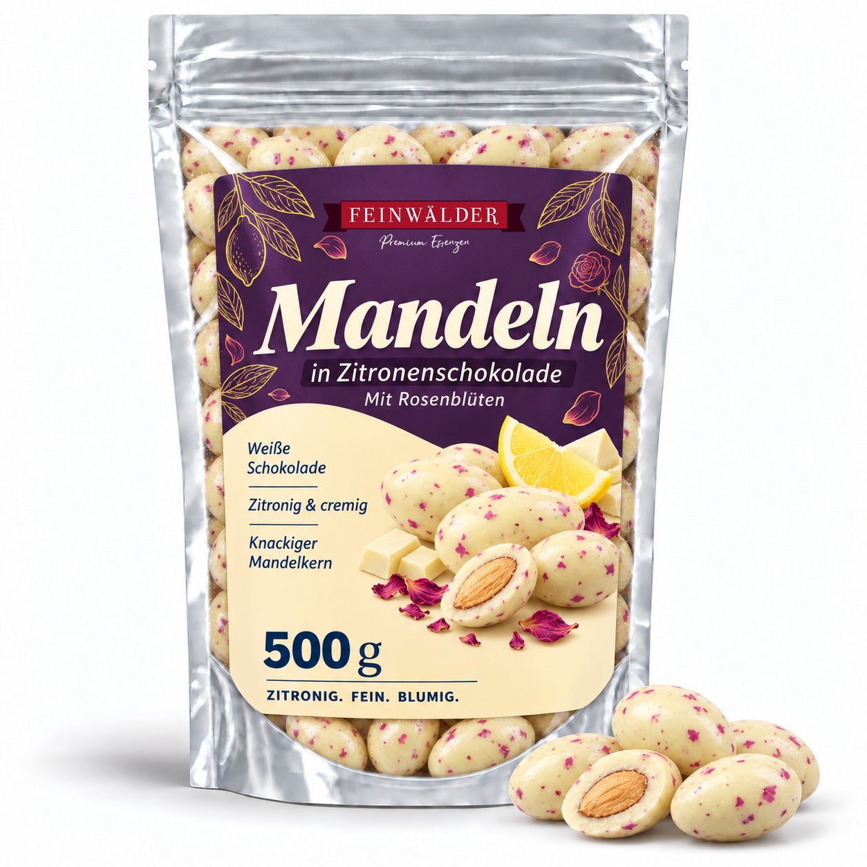 Feinwälder Mandeln in weißer Zitronenschokolade mit Rosenblüten im silbernen 500-g-Beutel mit violettem Etikett.