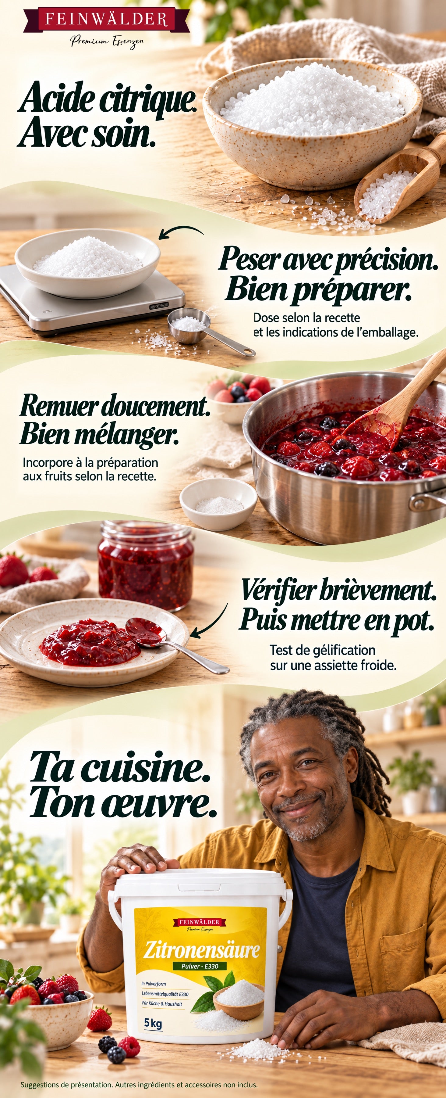 Acide citrique : peser selon la recette et l’emballage, incorporer aux fruits et tester la gélification sur une assiette froide ; un homme avec le seau.
