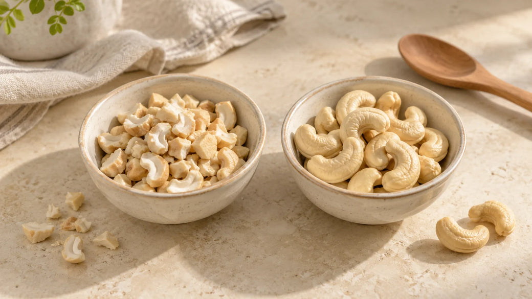Zwei Keramikschälchen im Vergleich: links unregelmäßige Cashewbruchstücke, rechts ganze Cashewkerne.