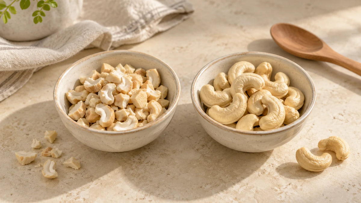 Zwei Keramikschälchen im Vergleich: links unregelmäßige Cashewbruchstücke, rechts ganze Cashewkerne.