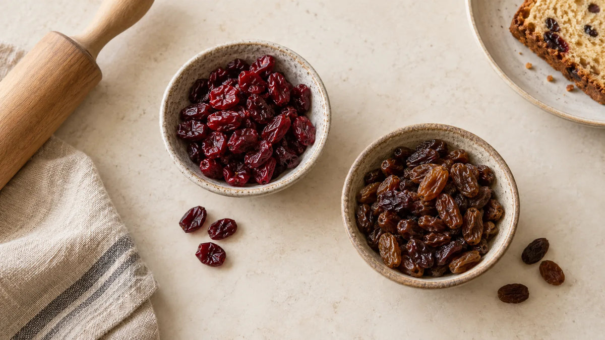 Getrocknete Cranberrys und Rosinen in getrennten Schälchen neben einfachem Gebäck.