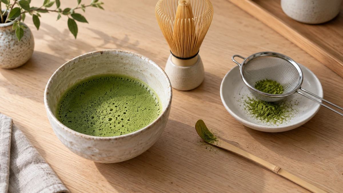 Aufgeschlagener Matcha in einer Keramikschale neben Bambusbesen, Teesieb und einem Löffel mit Matchapulver.