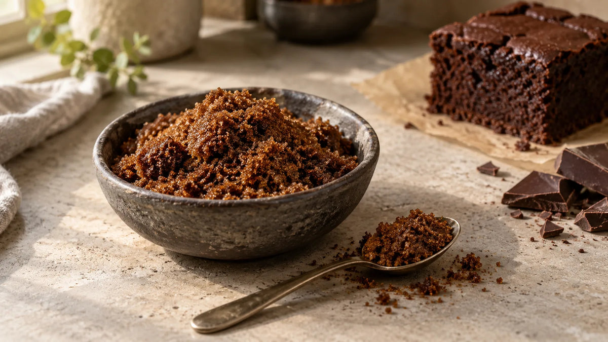 Dunkler Muscovado-Zucker in einer Keramikschale mit einem Löffel, Schokolade und einem Stück Schokoladenkuchen.