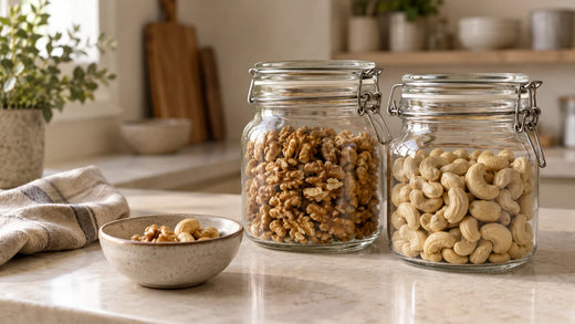 Barattoli chiusi con gherigli di noce e anacardi, con una piccola ciotola di frutta secca davanti.