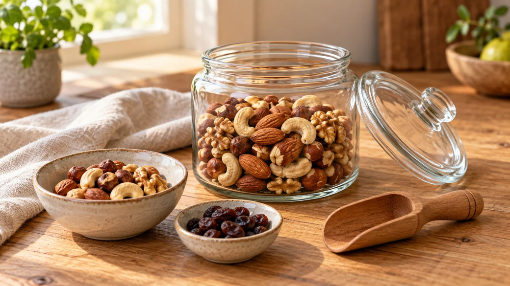 Offenes Glas mit Mandeln, Cashews, Haselnüssen und Walnüssen, daneben eine kleine Schale Rosinen.
