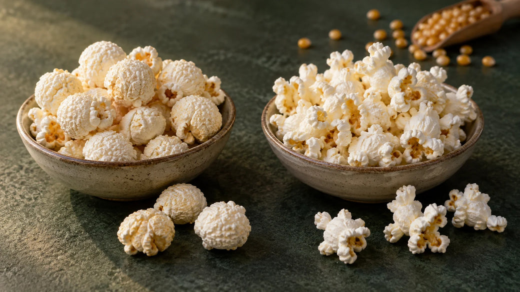 Zwei Schalen Popcorn: links rundliche Mushroom-Stücke, rechts unregelmäßiges Butterfly-Popcorn.