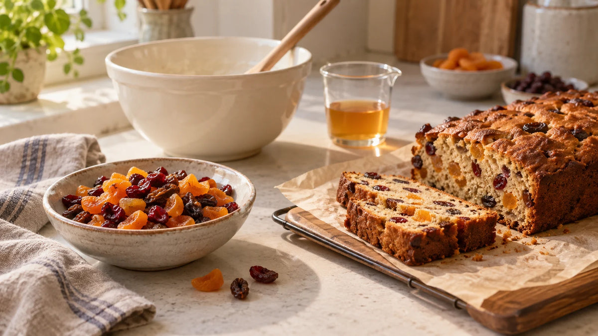 Geschnittene Trockenfrüchte neben einer Rührschüssel und einem angeschnittenen Früchtekuchen.