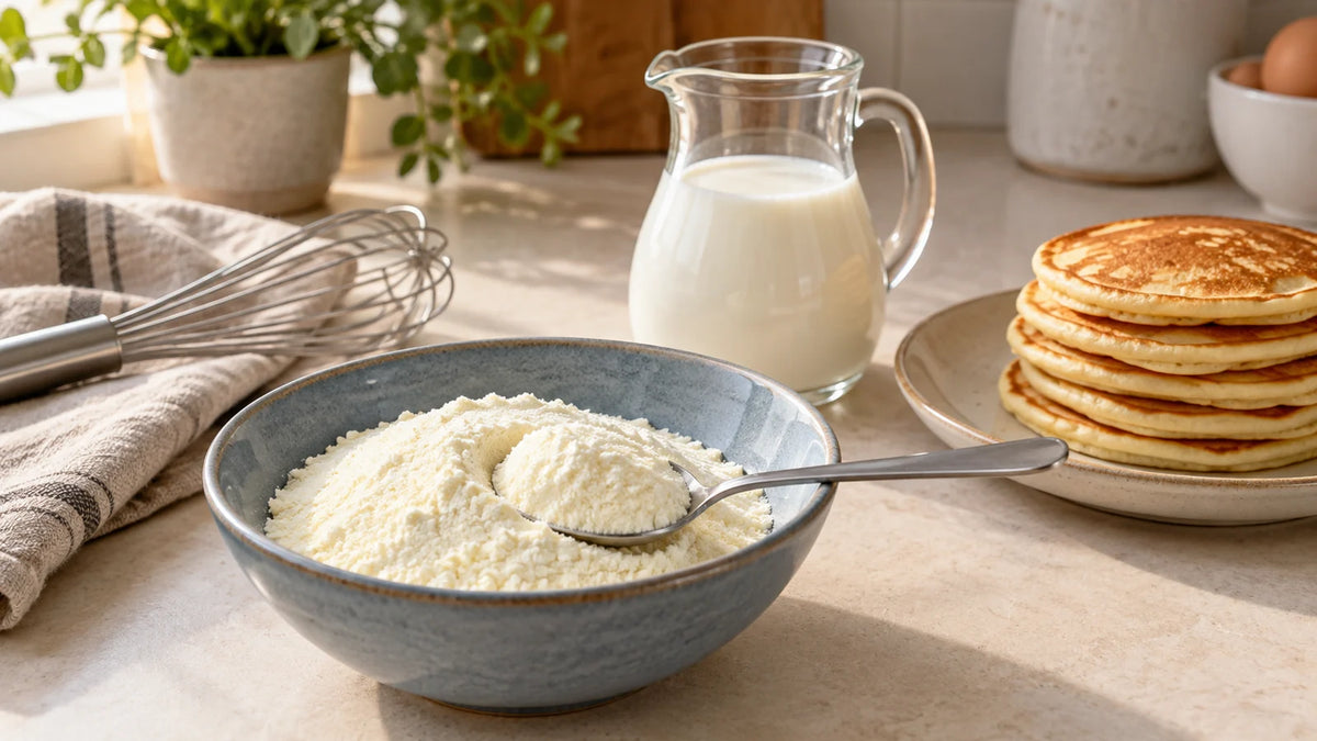 Milchpulver mit einem Löffel in einer blauen Keramikschale, daneben ein Milchkrug und goldene Pfannkuchen.