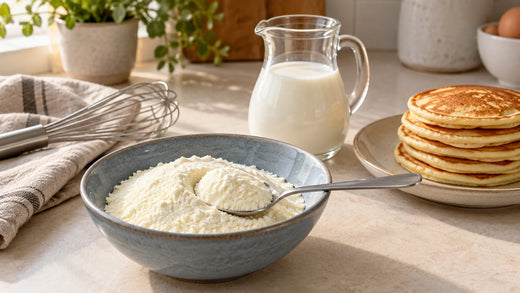 Milchpulver mit einem Löffel in einer blauen Keramikschale, daneben ein Milchkrug und goldene Pfannkuchen.