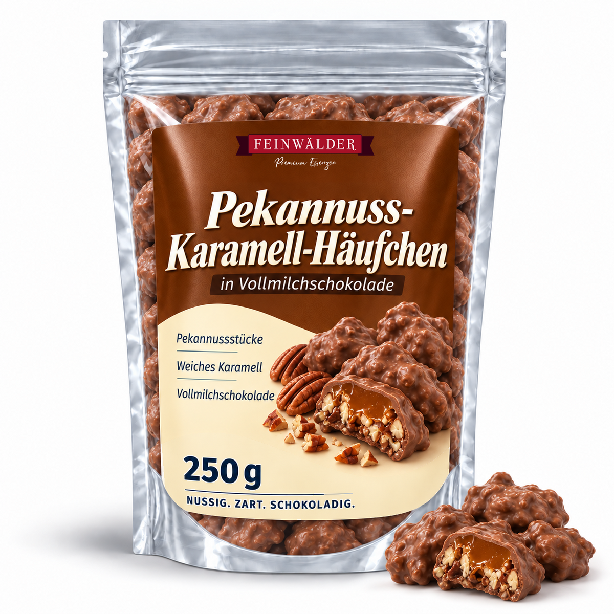Karmelowe przekąski z orzechami pekan w mlecznej czekoladzie – 250 g